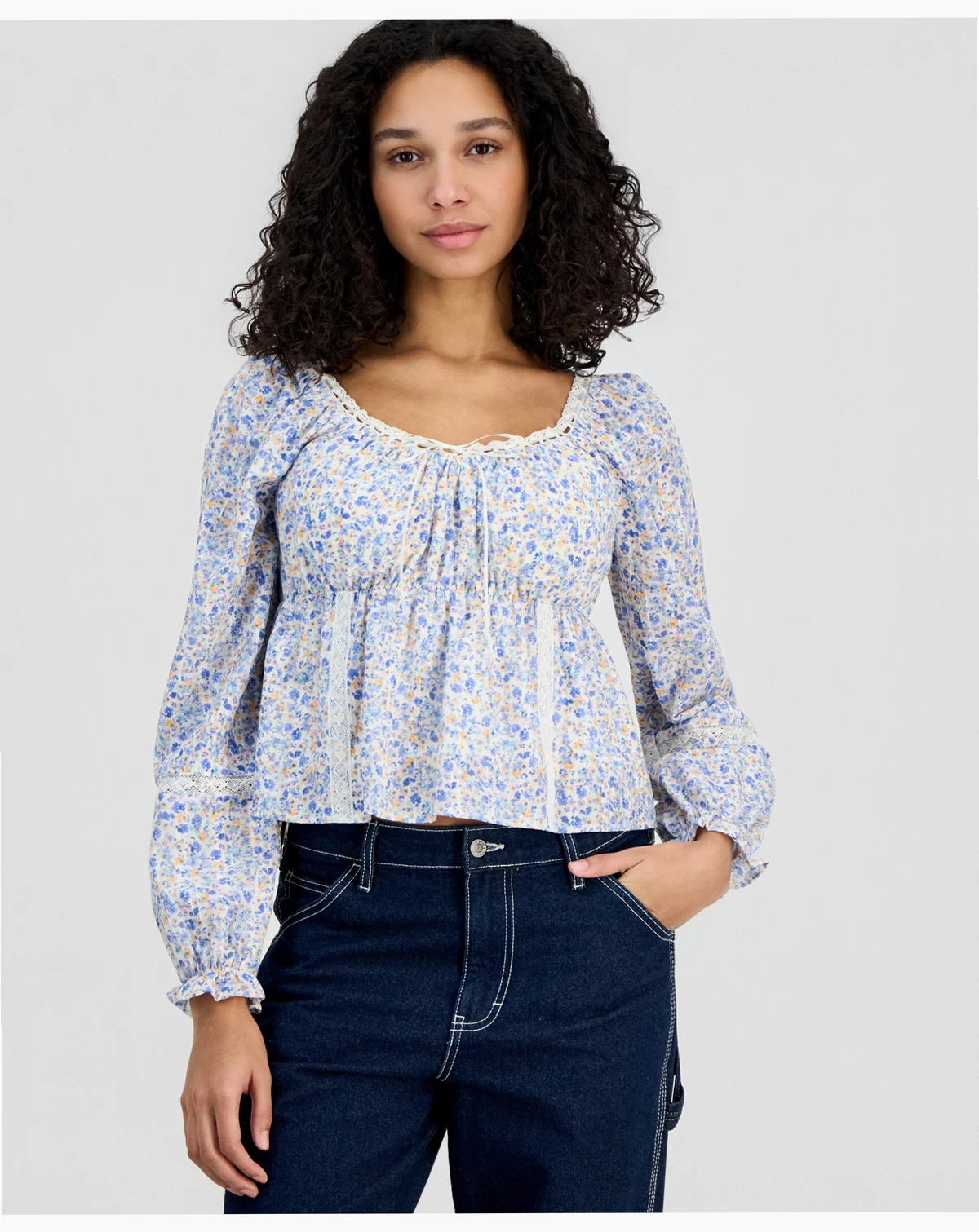 Juniors' Long-Sleeve Woven Peasant Top