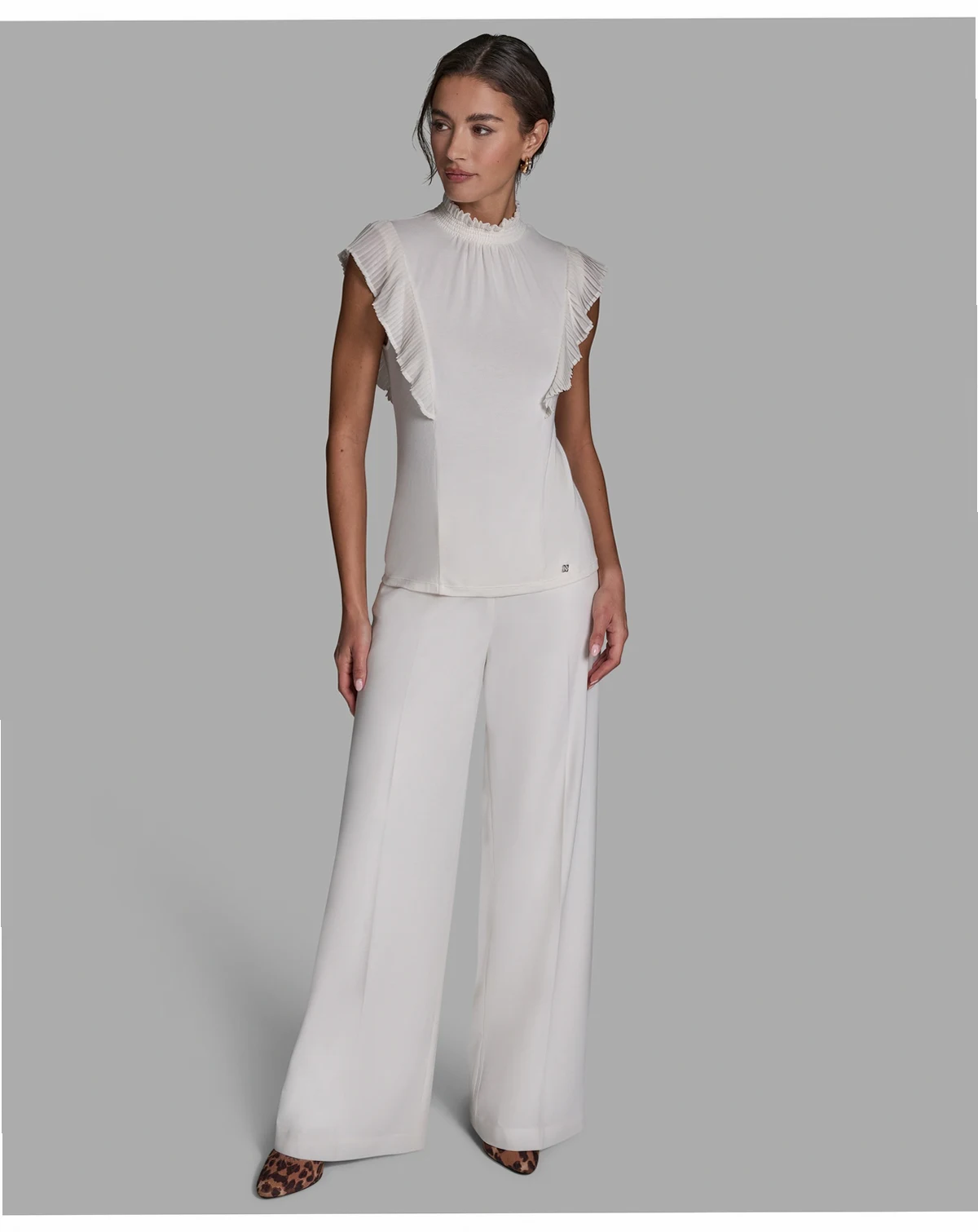 Women's Pleated Mock Neck Flutter Sleeve Top