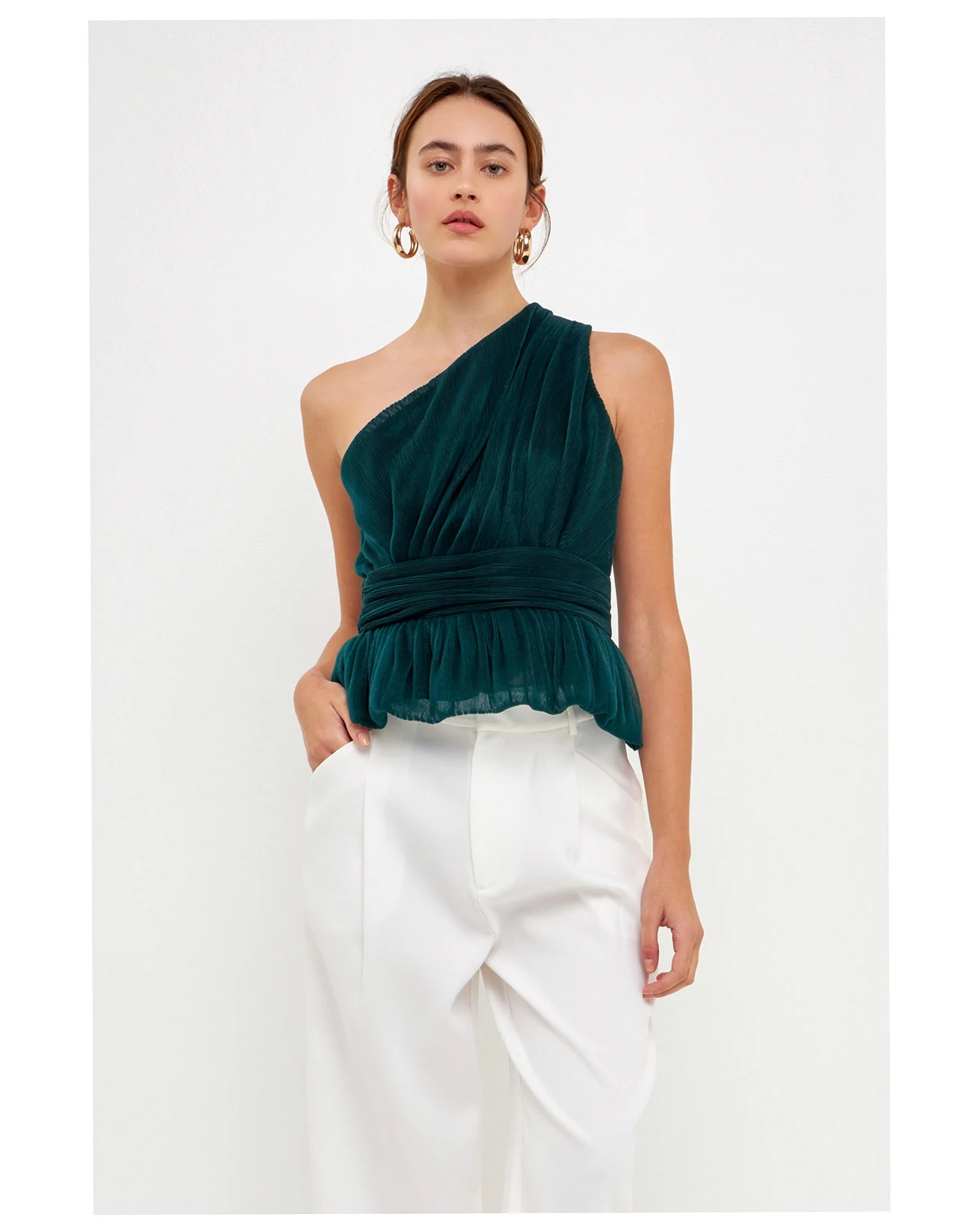 Women's One Shoulder Shirred Tulle Top