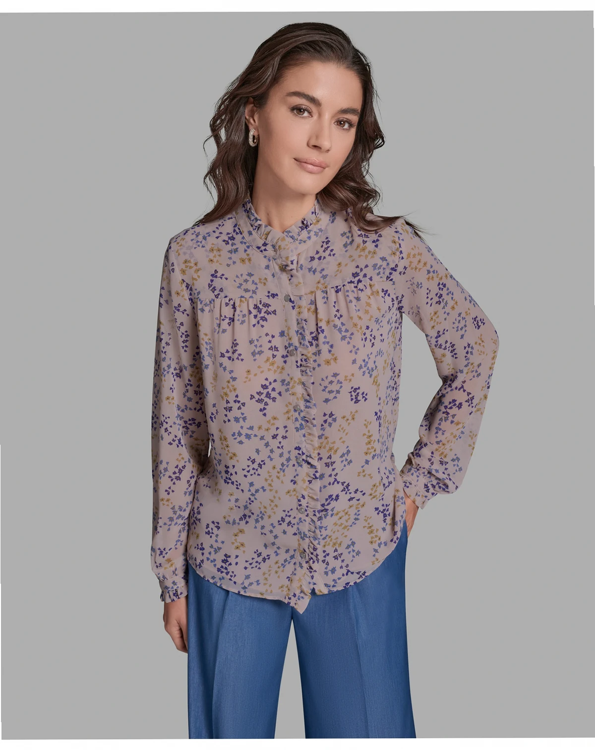 Women's Long-Sleeve Printed Ruffle Front Top