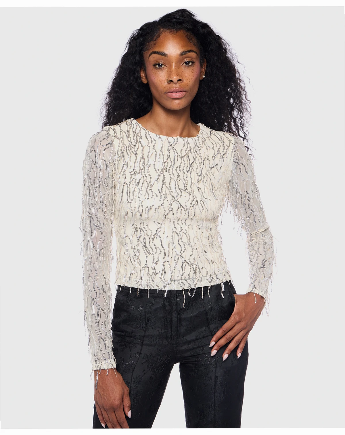 Juniors' Fringe Detail Long Sleeve Top