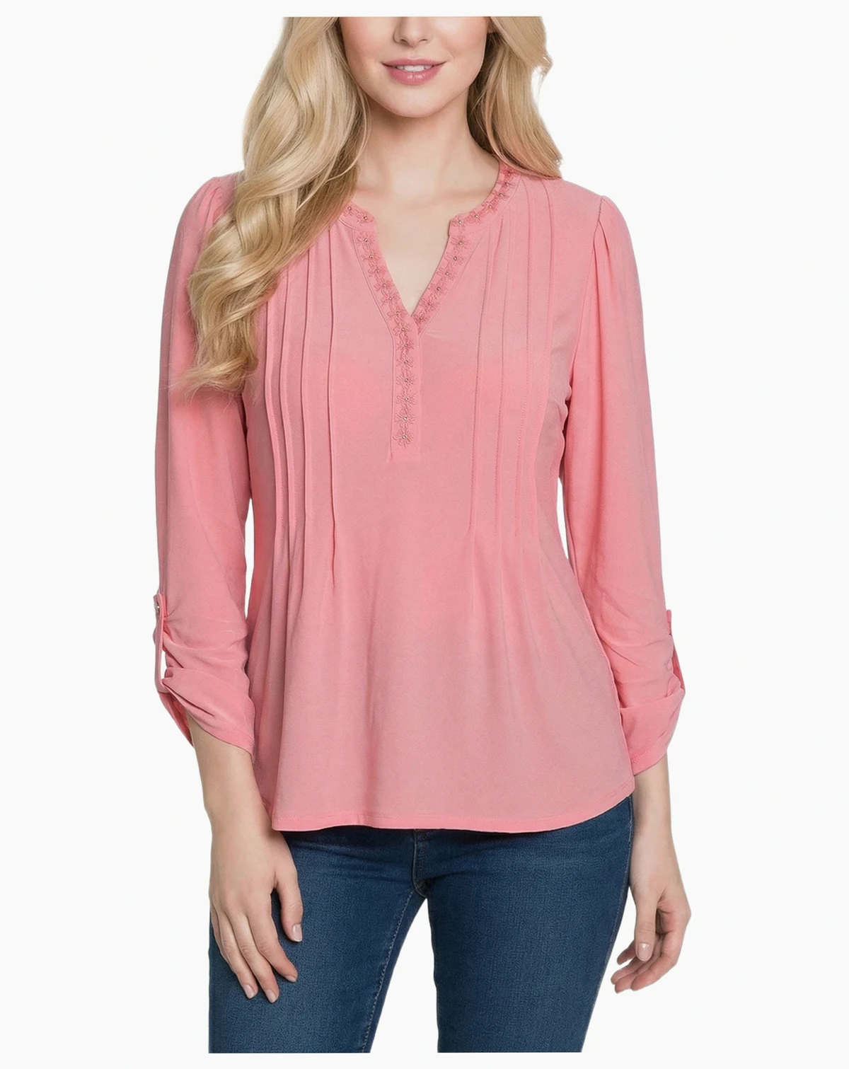 Women's Long-Sleeve Pleat Front Roll Tab Top