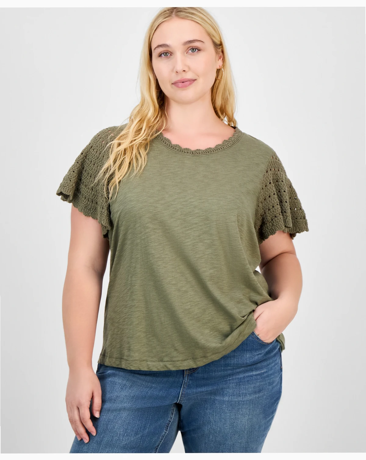 Trendy Plus Crochet Flutter-Sleeve Top