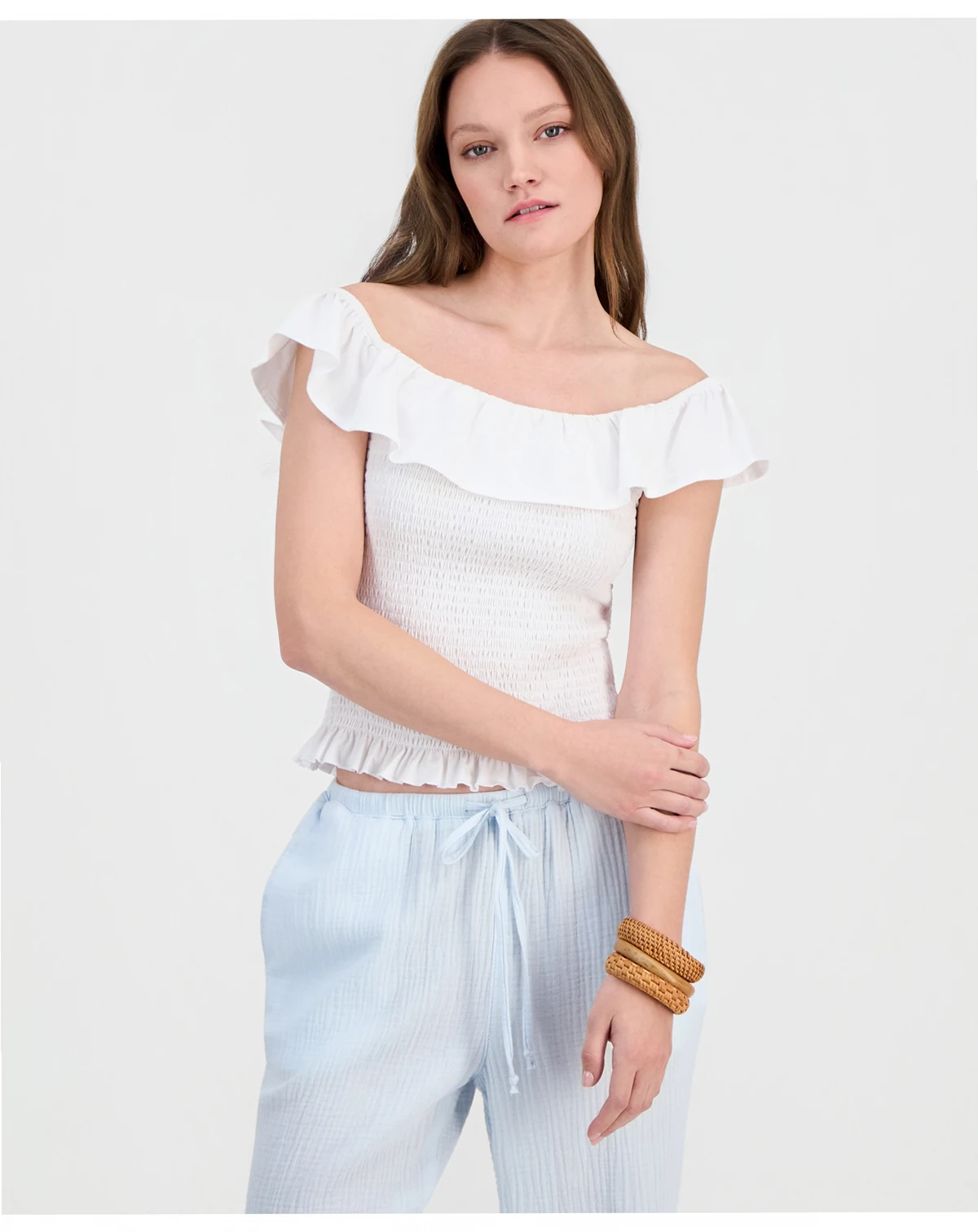 Juniors' Ruffled Smocked Scoop-Neck Top
