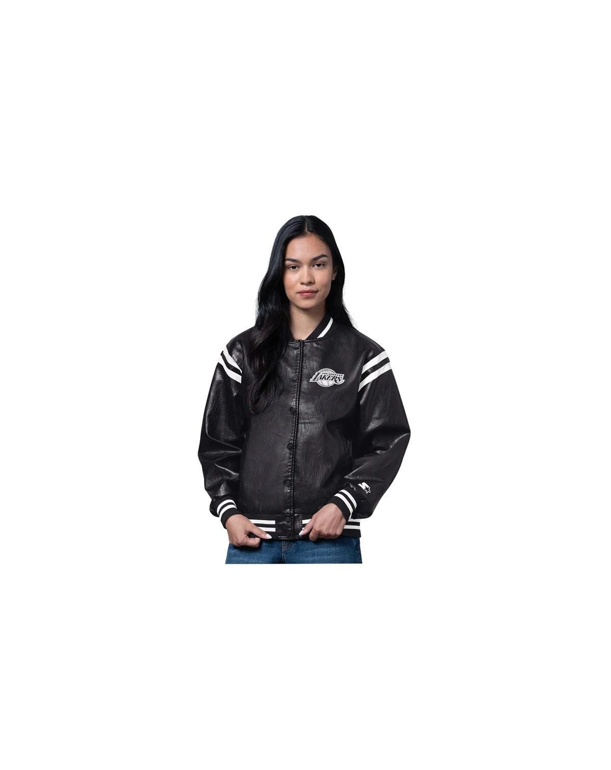 Women's Black Los Angeles Lakers High Heat Leather Varsity Full-Snap Jacket