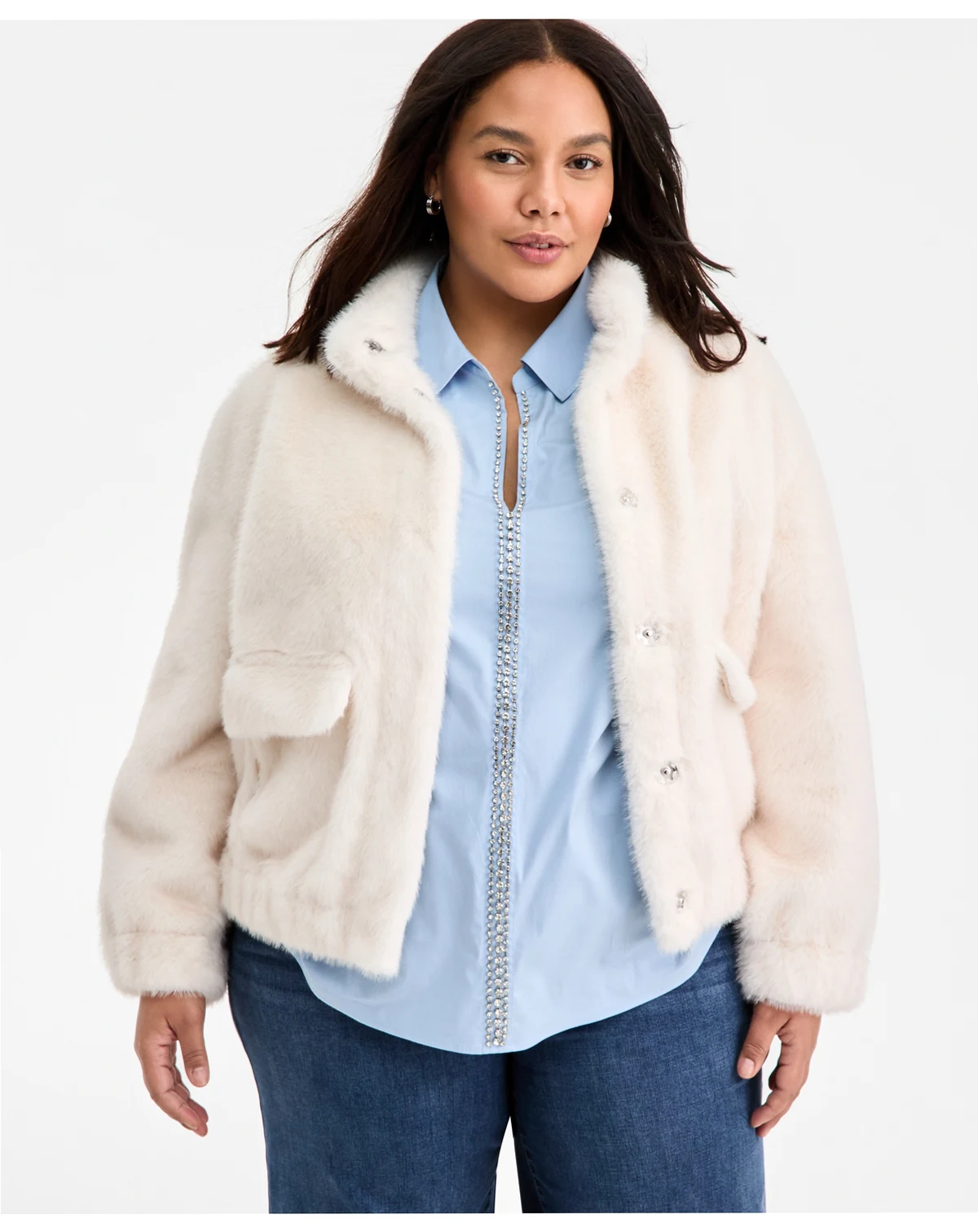 Trendy Plus Size Solid Faux-Fur Bomber Jacket, Macy's Exclusive