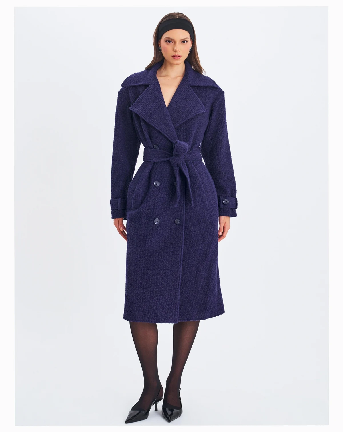 Women Jaelyn Midnight Blue Wool Blend Double-Breasted Belted Coat