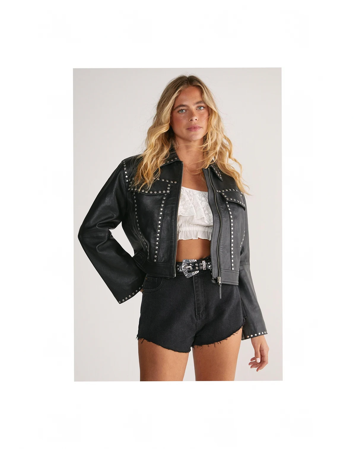 Women's Leather Studded Cropped Jacket