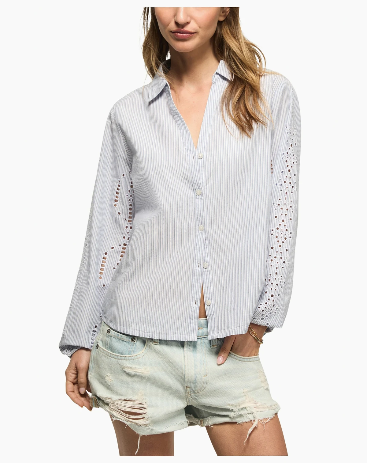 Women's Cutwork Long-Sleeve Button-Down Shirt