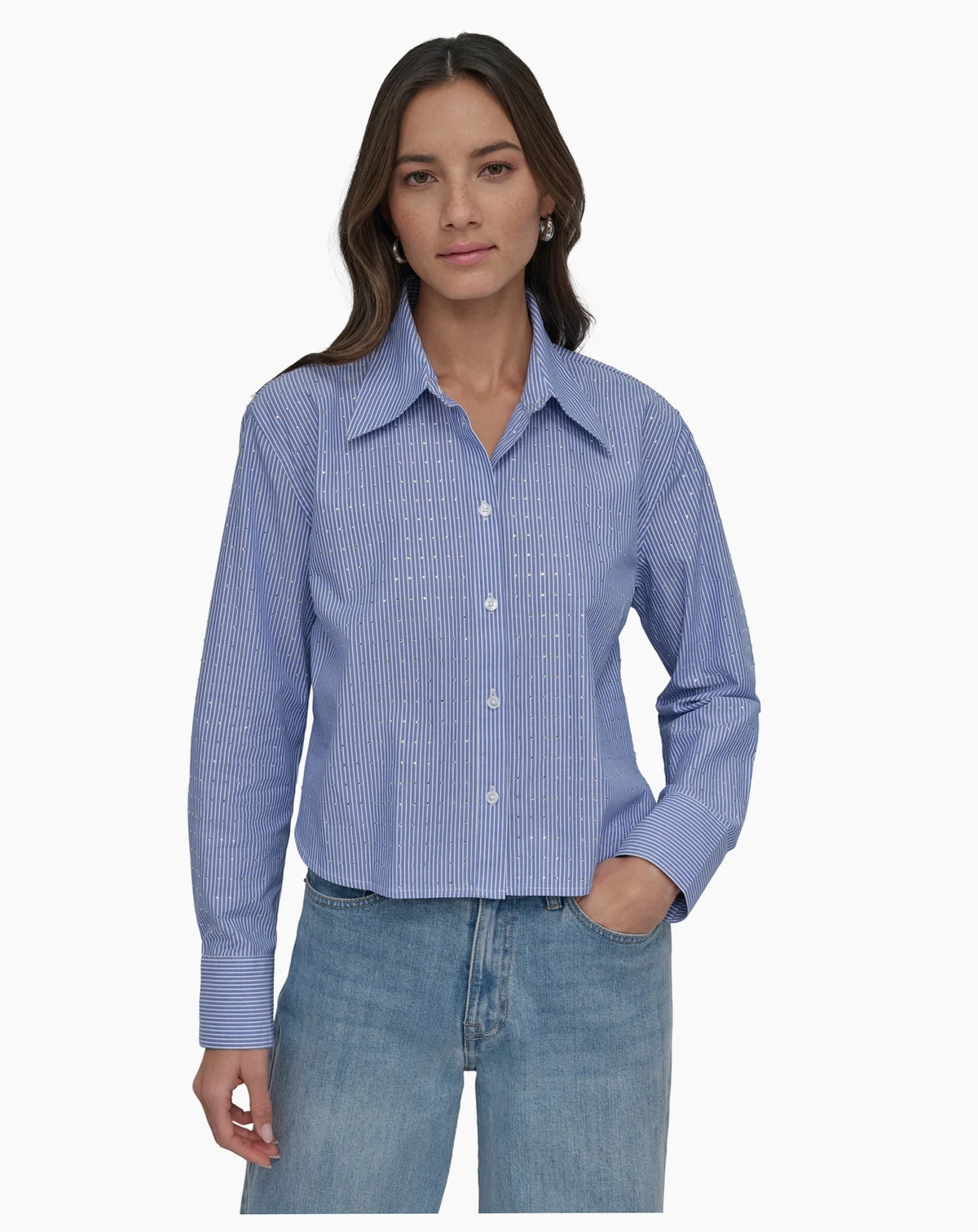 Women's Striped Poplin Studded Rhinestone Cotton Long-Sleeve Button-Front Shirt