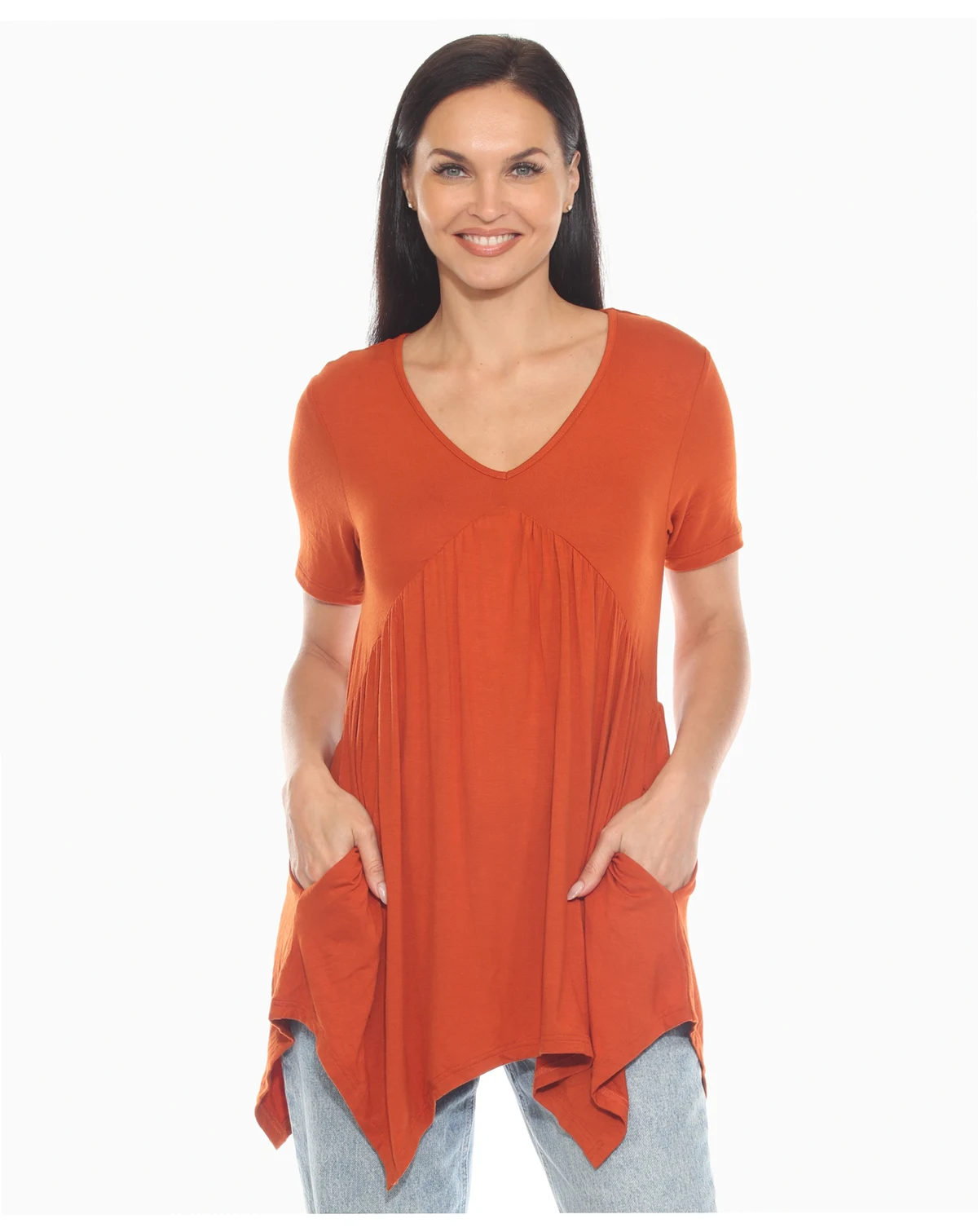 Women's Short Sleeve Shirred Front Knit Tunic Top
