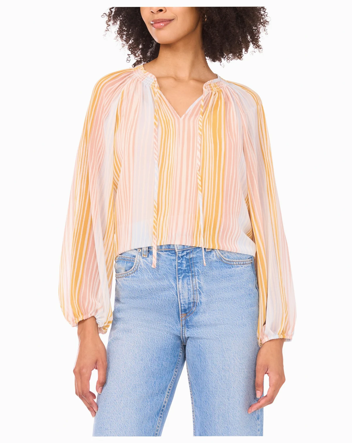 Women's Shirring Peasant Tie V-Neck Blouse