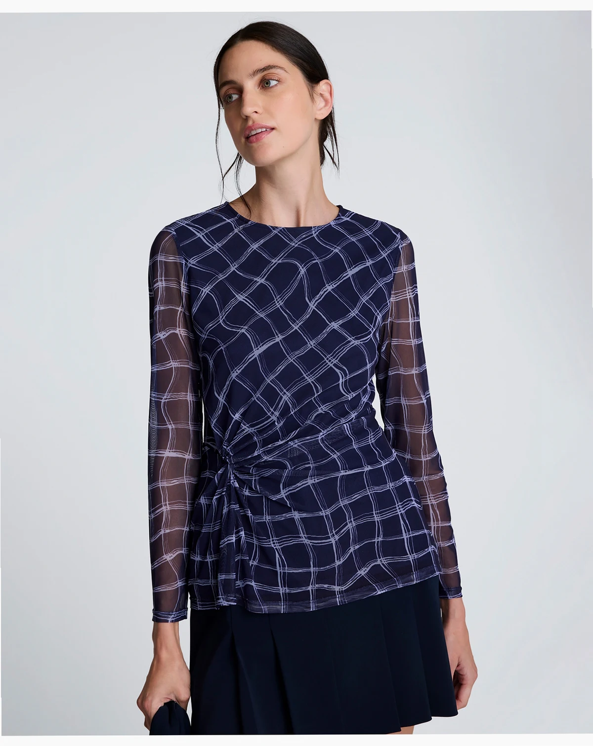 Women's Knotted Waist Plaid Long-Sleeve Top