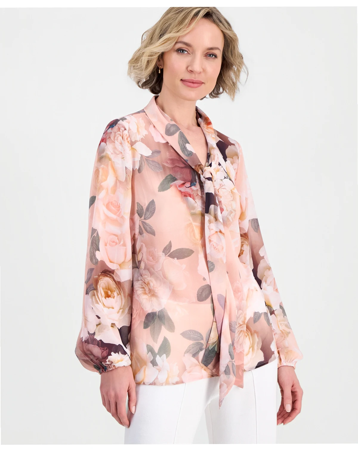 Women's Printed Chiffon Tie-Neck Blouse