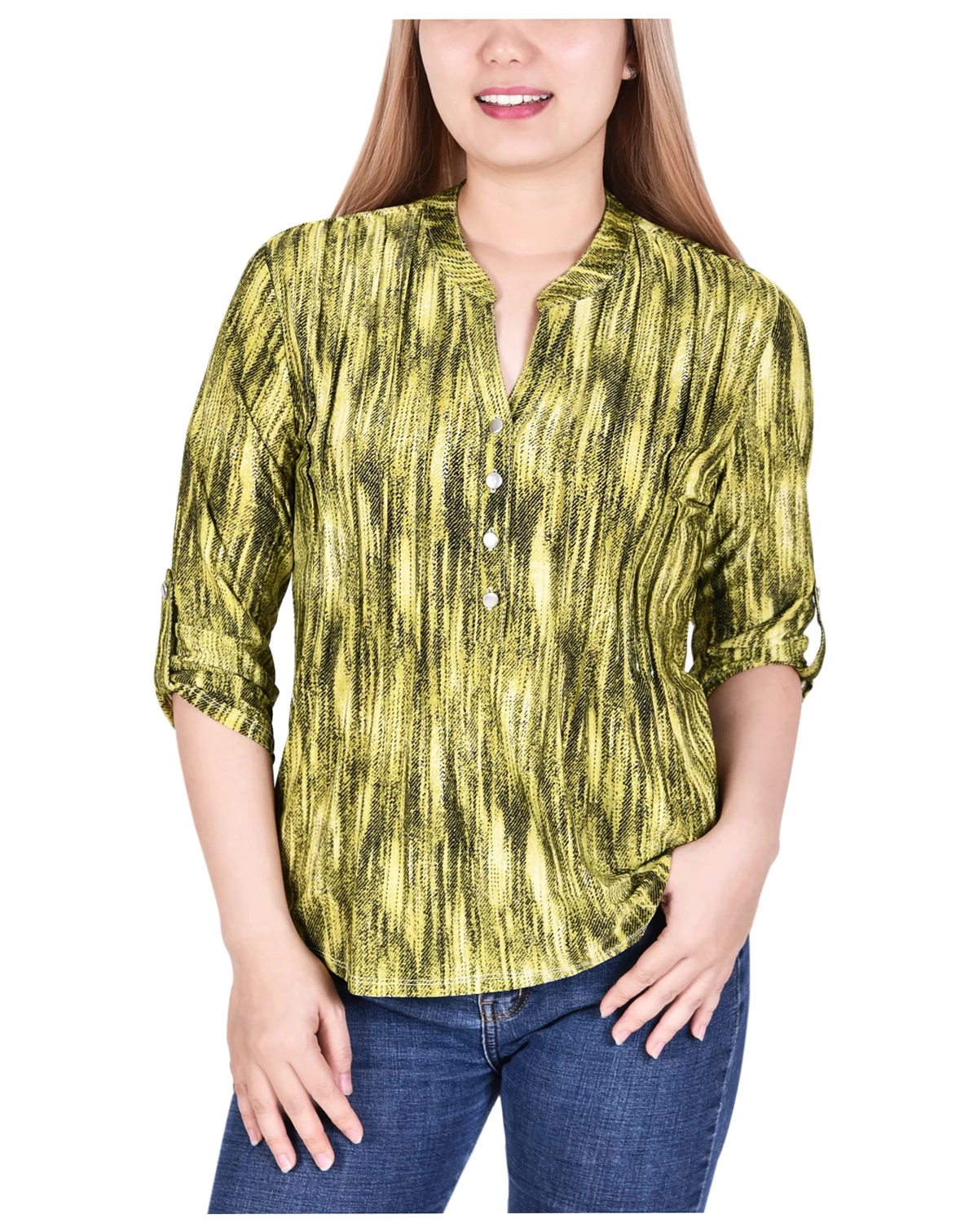 Petite 3/4 Roll Tab Sleeve Y-Neck Top