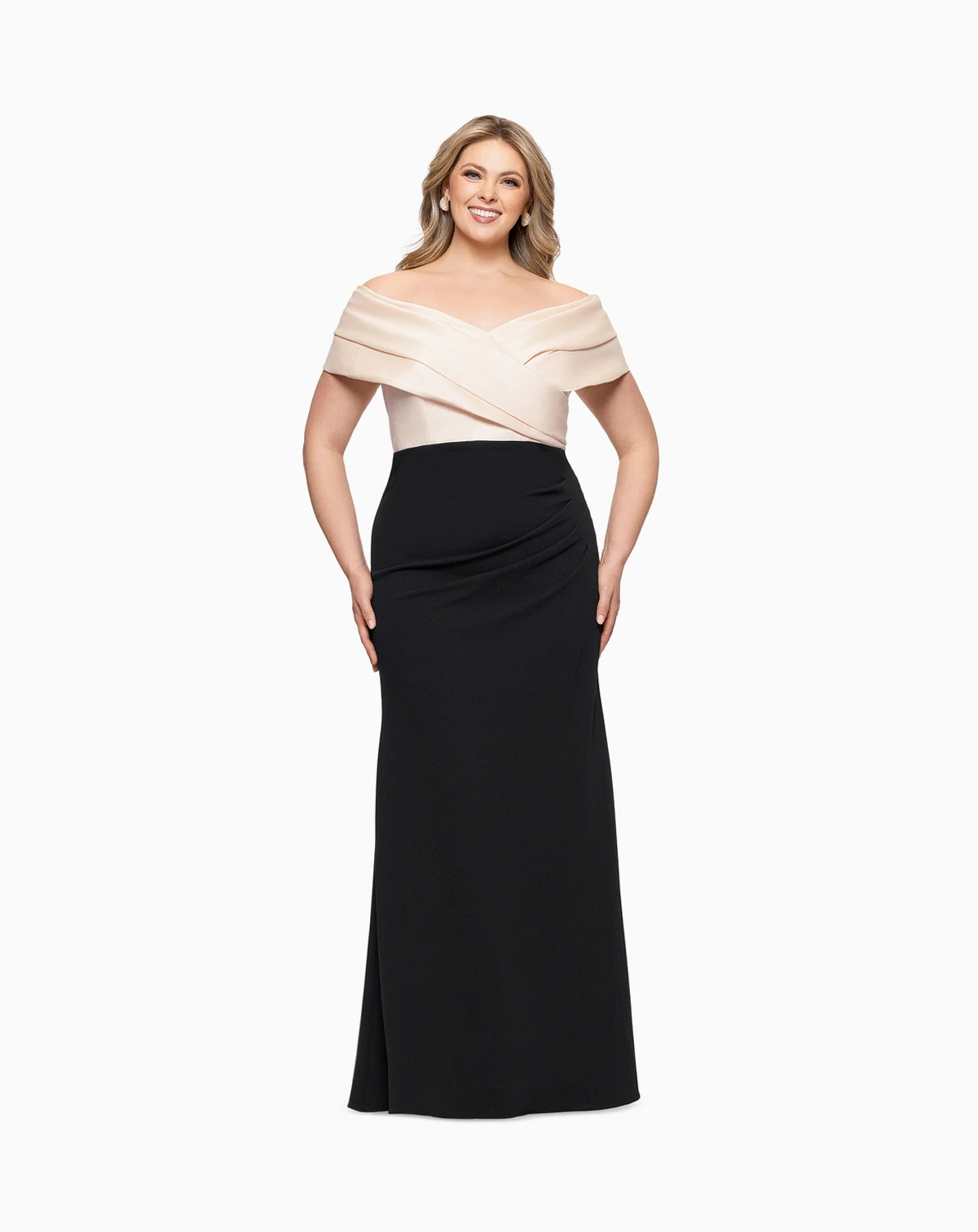 Plus Size Mixed-Material Off-The-Shoulder Gown