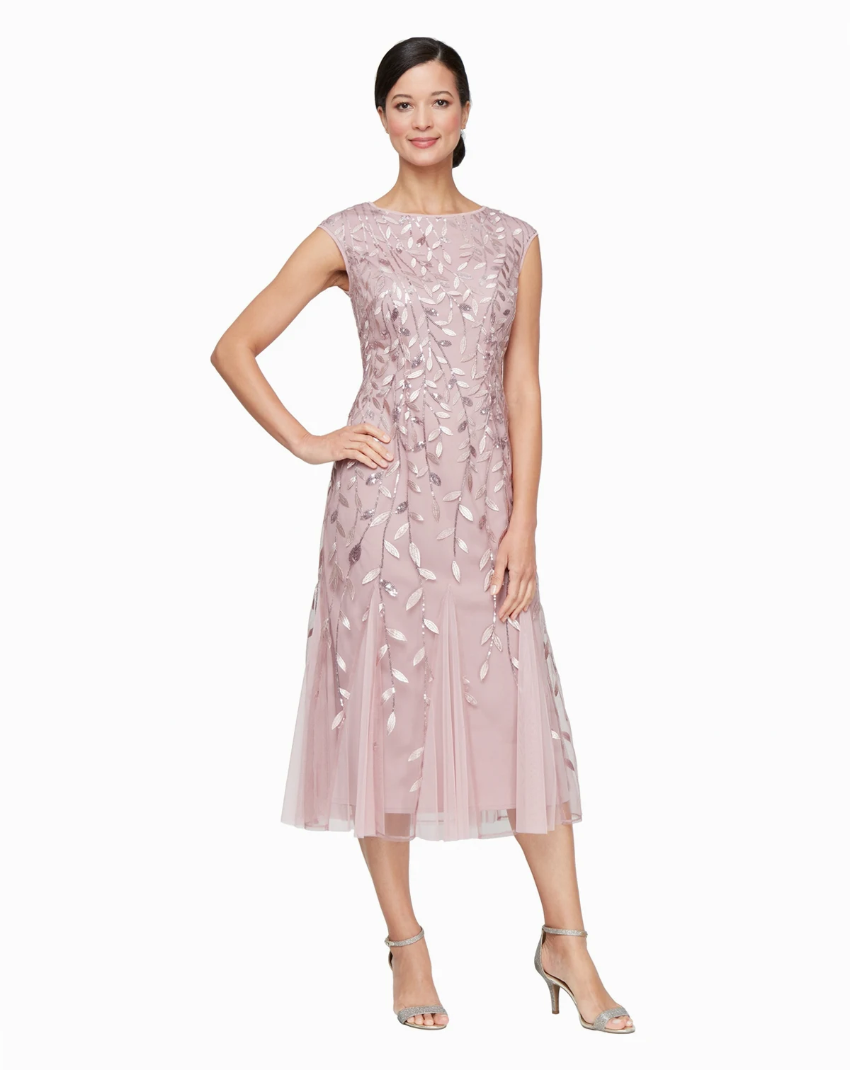 Women's Embroidered Boat Neck Midi Dress