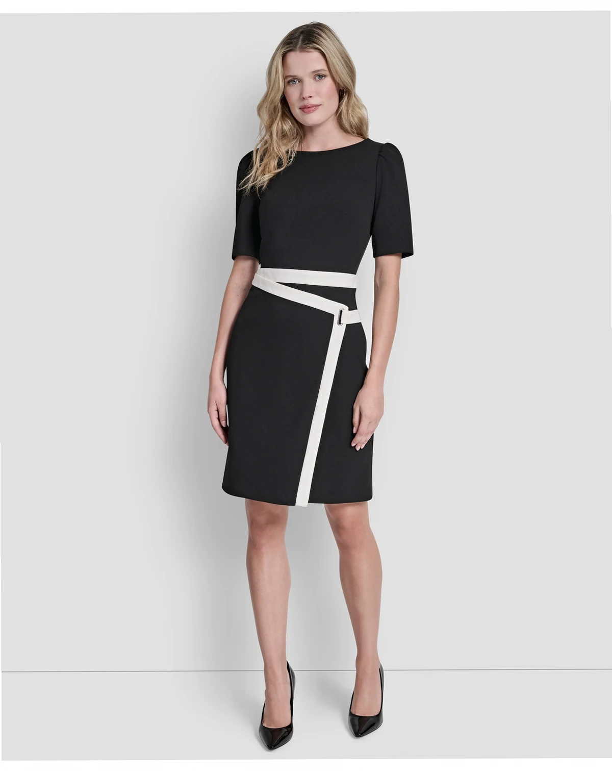 Women's Short-Sleeve Jewel Neck Scuba Crepe Dress