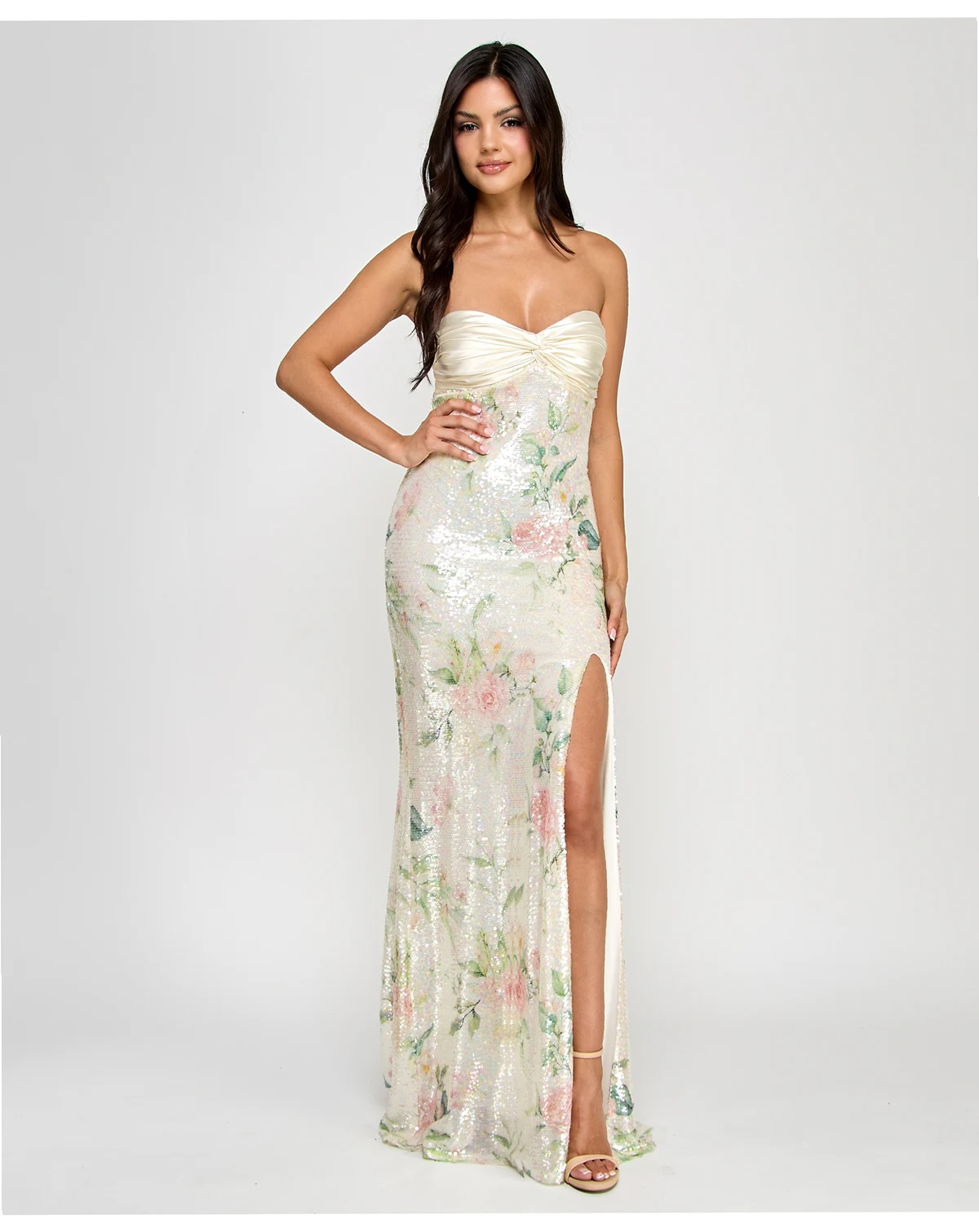 Juniors' Satin Twist-Front Bow-Back Sequined Gown