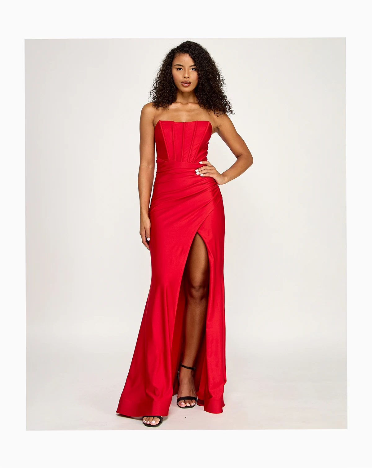 Junior's Sequin Twist Front Bandeau Slim Long Gown