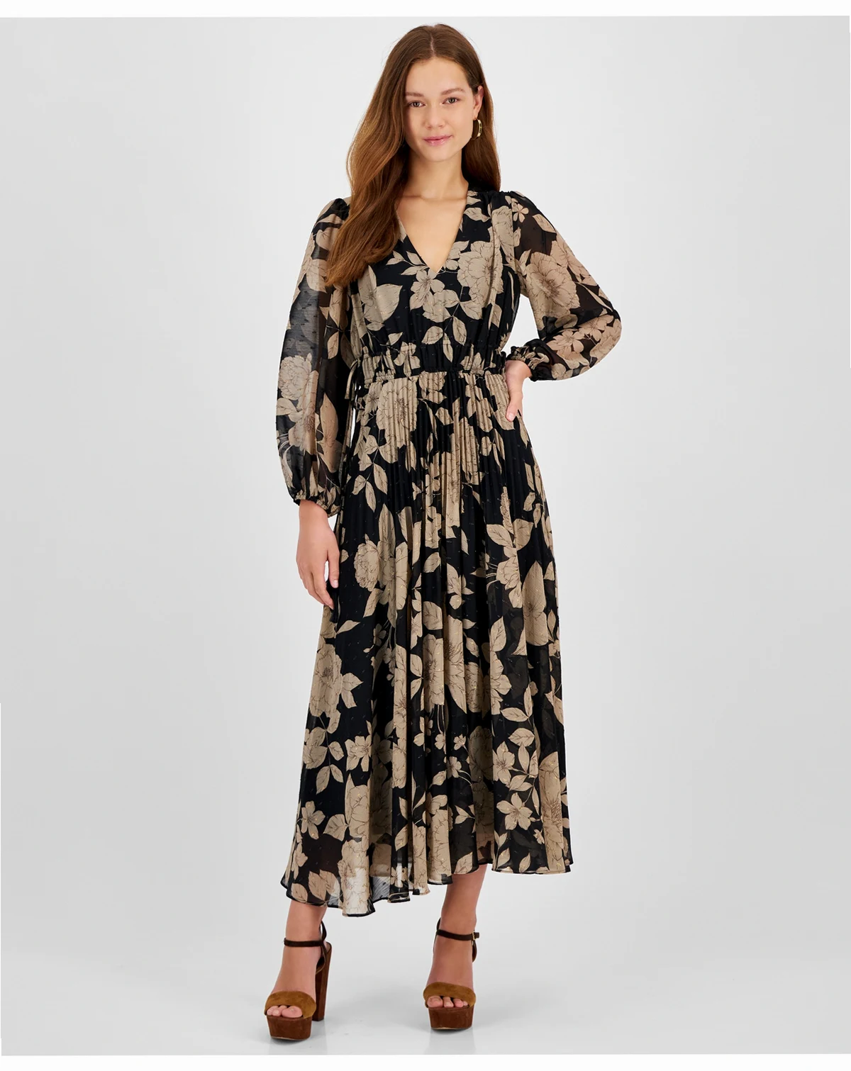 Women's Floral Chiffon V-Neck Pleated Dress