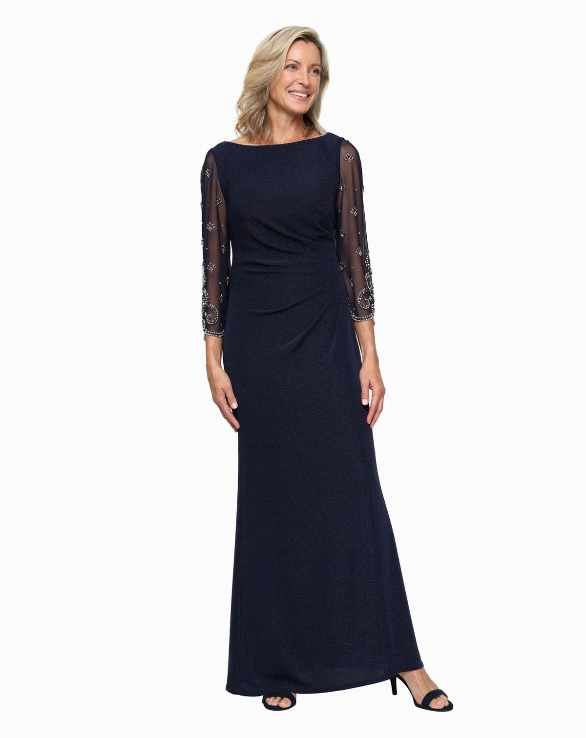 Women's Boat Neck Long Metallic Knit Ball Gown