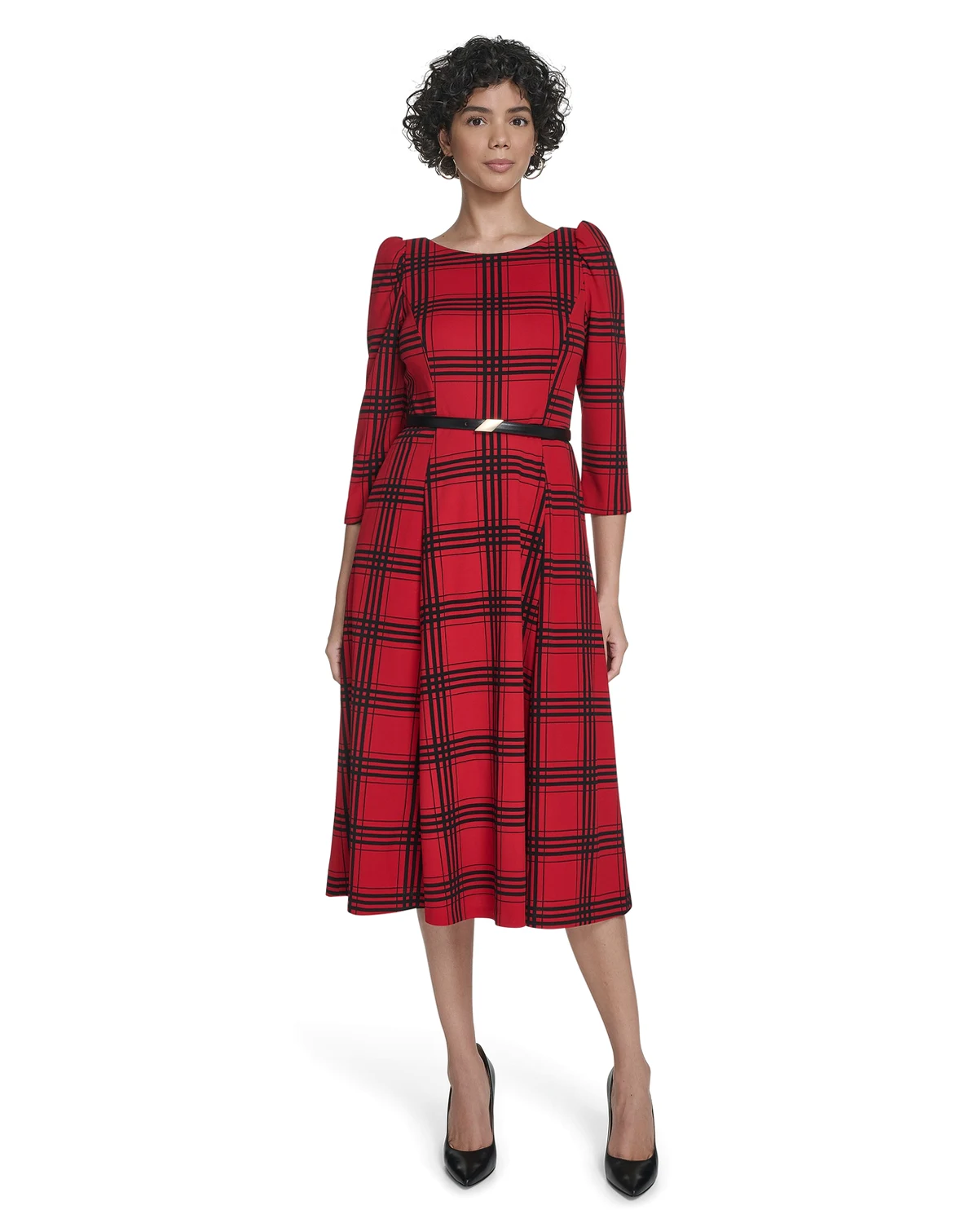 Women's 3/4-Sleeve Plaid Midi Dress