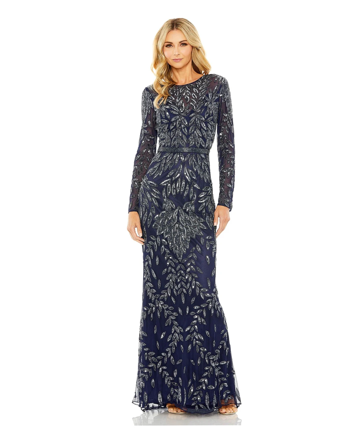 Women's Long Sleeve Illusion Neckline Embellished Gown