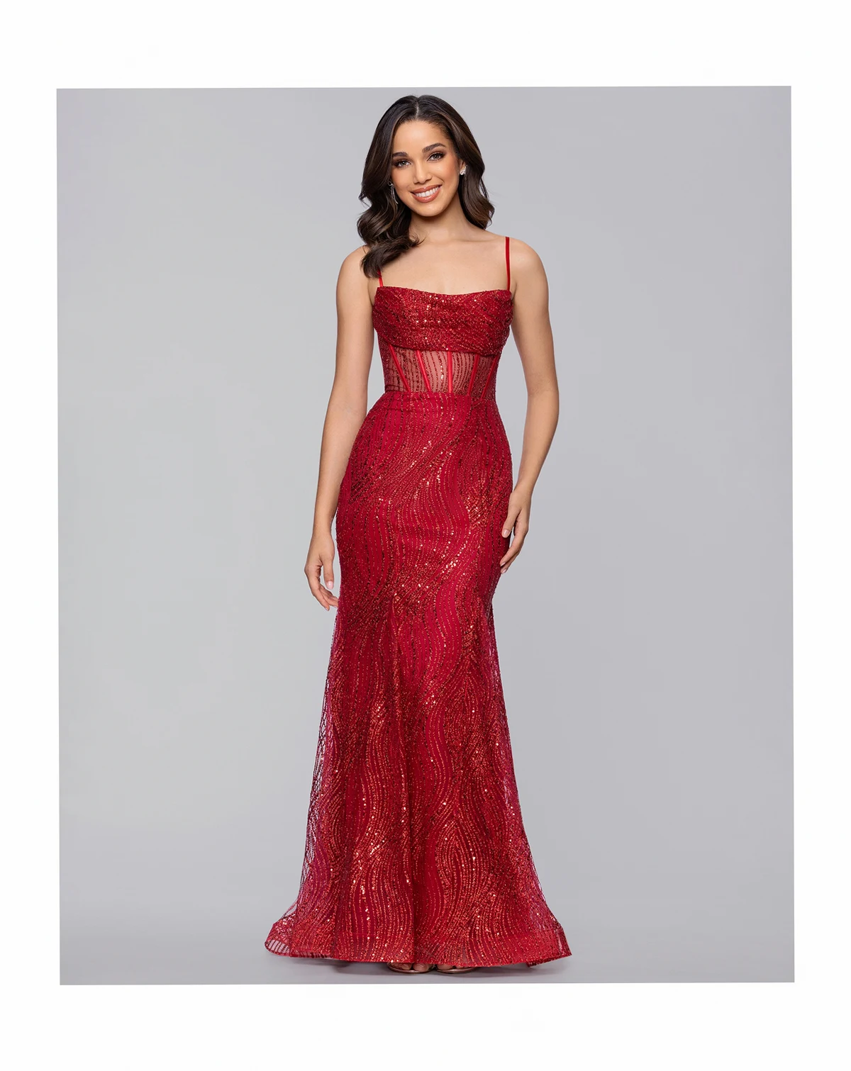 Juniors' Long Glitter Draped Illusion Bodice Gown