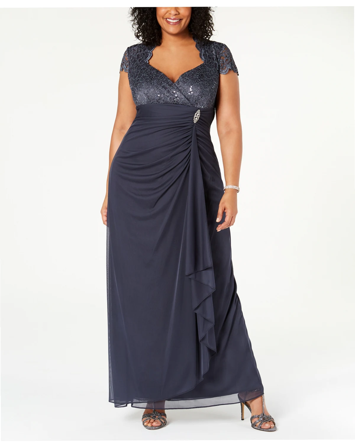 Plus Size Sequined-Lace Ruched Gown