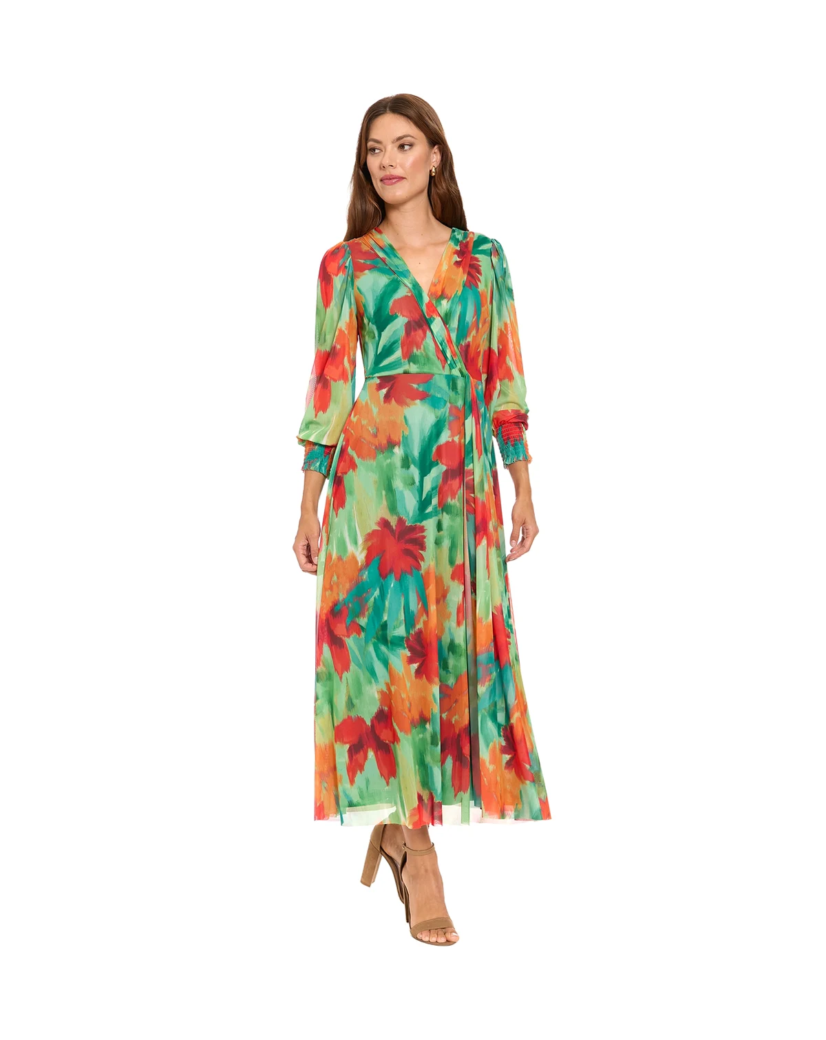 Women's Shirred Surplice Bishop-Sleeve Maxi Dress