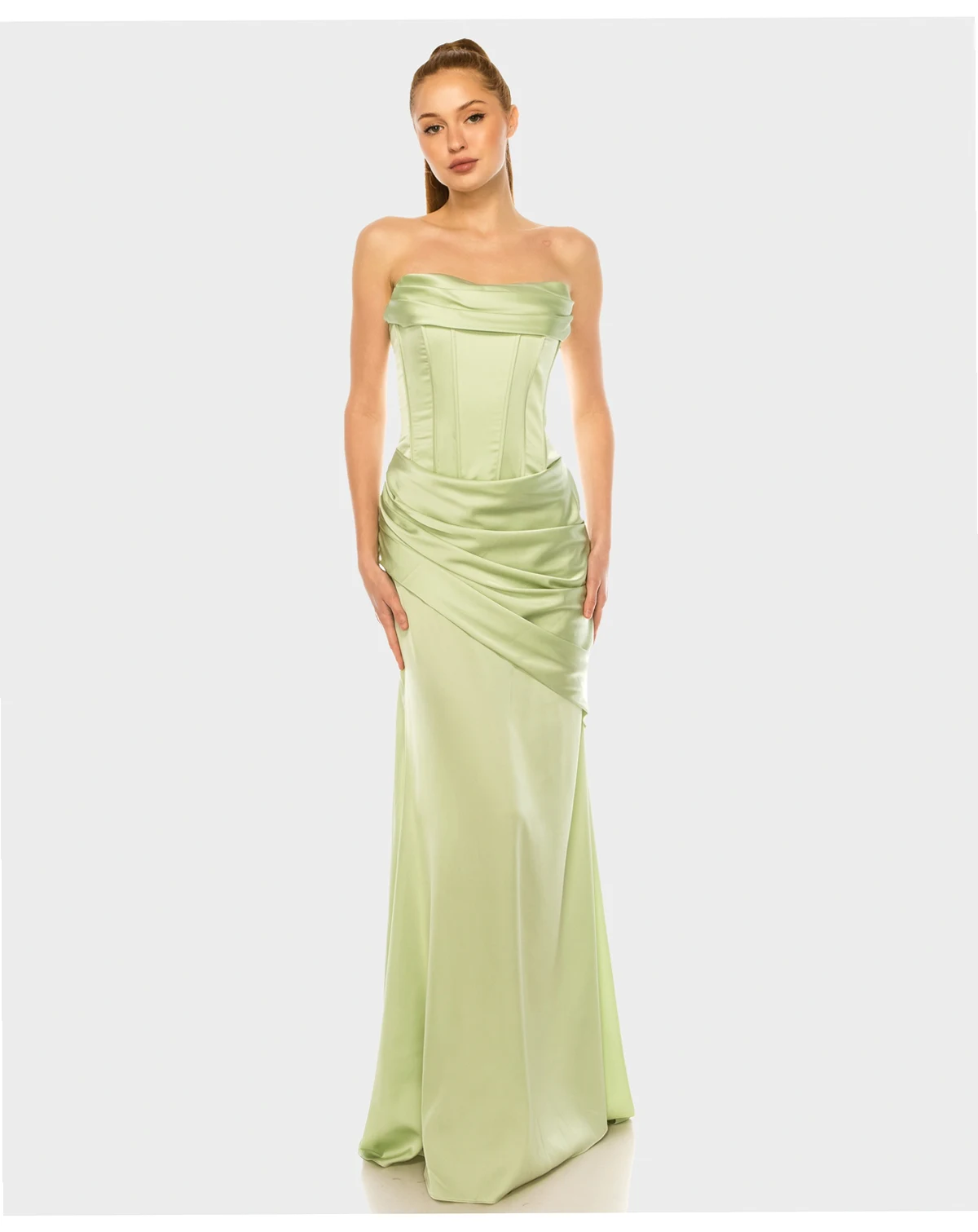 Juniors' Strapless Cowl Neck Satin Gown with a Corset Bodice and Pleated Skirt Detail