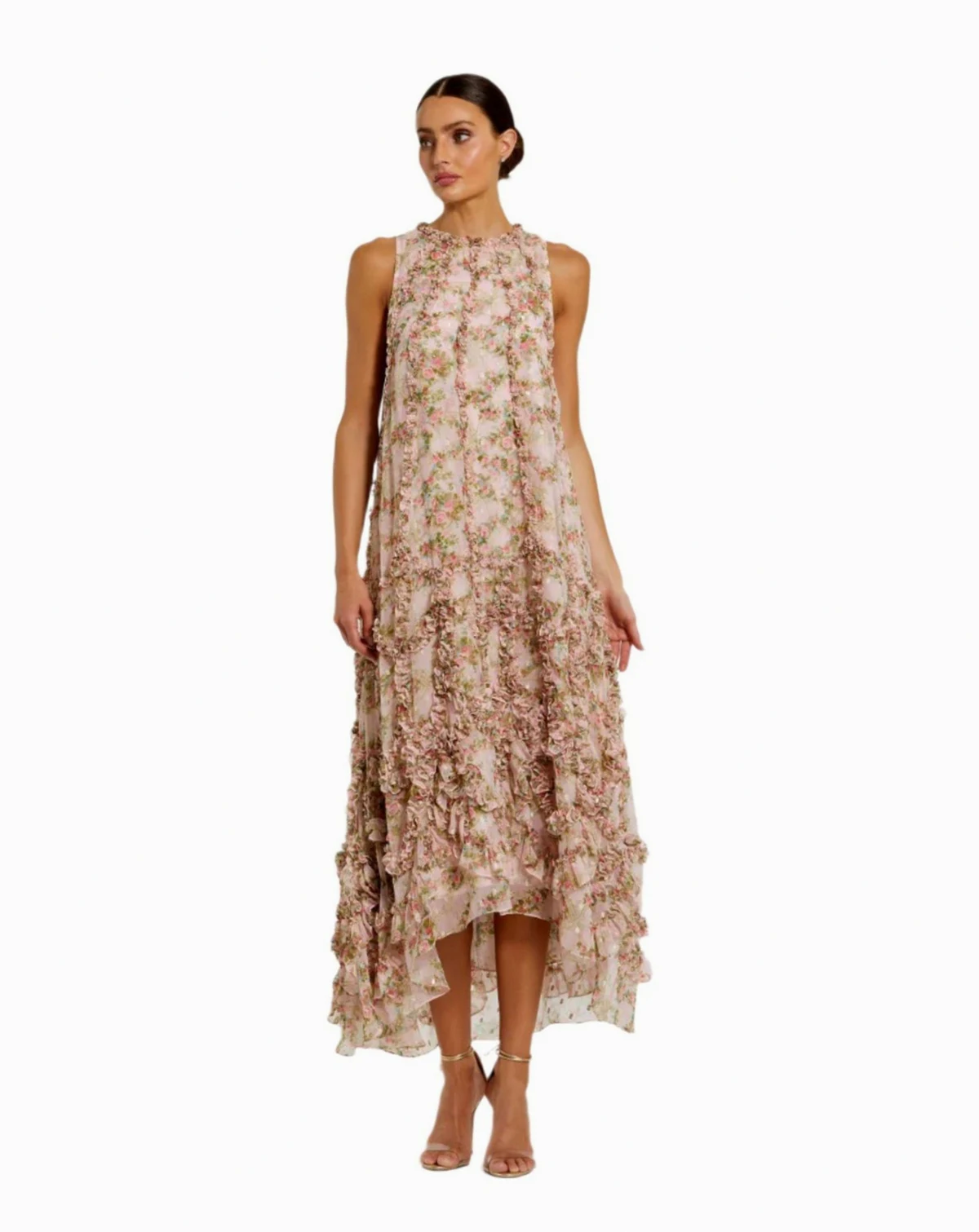 Women's Sleeveless Floral Print Chiffon Micro Ruffle Gown