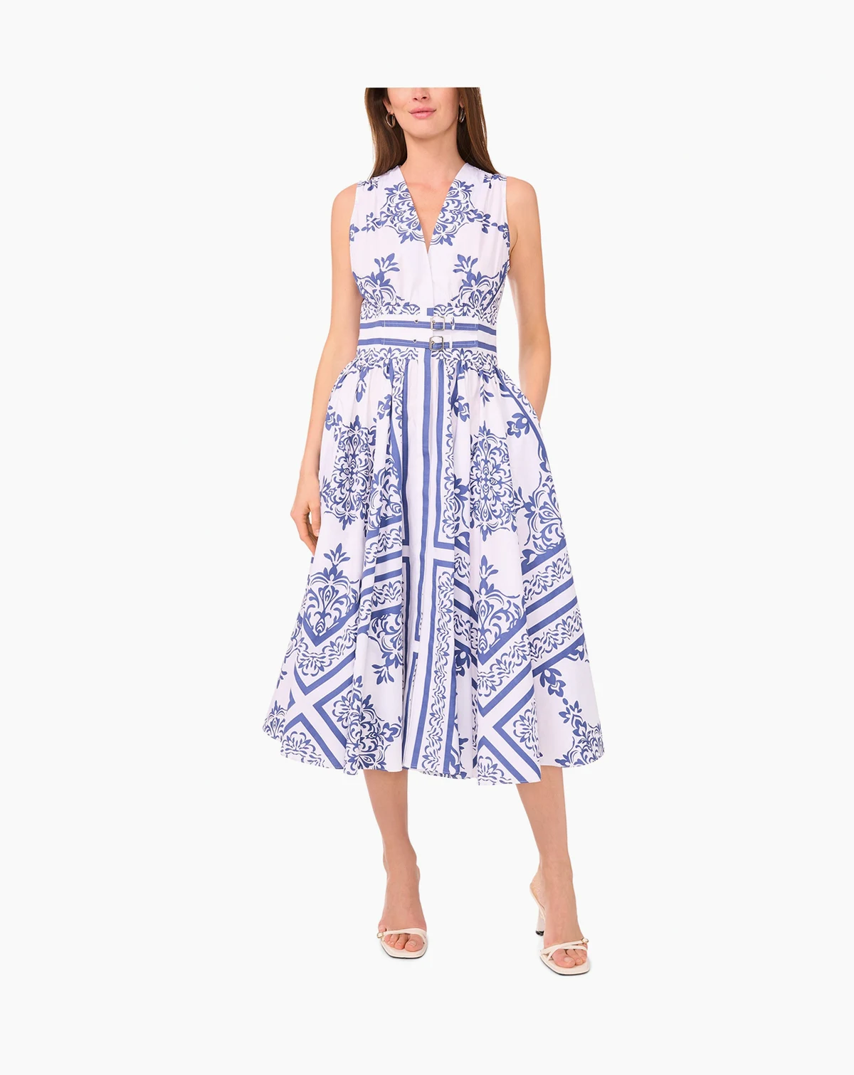 Women's Sleeveless V-Neck Buckle Trim Midi Dress