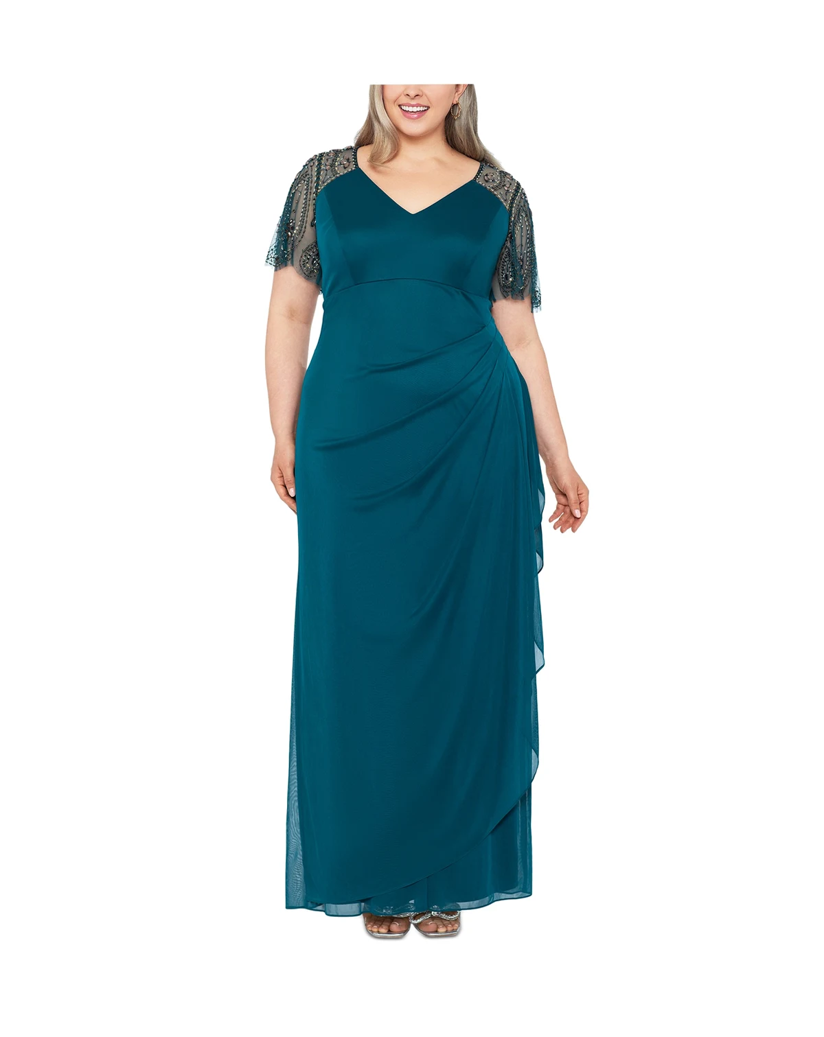 Plus Size Embellished Sheer Matte Jersey Gown