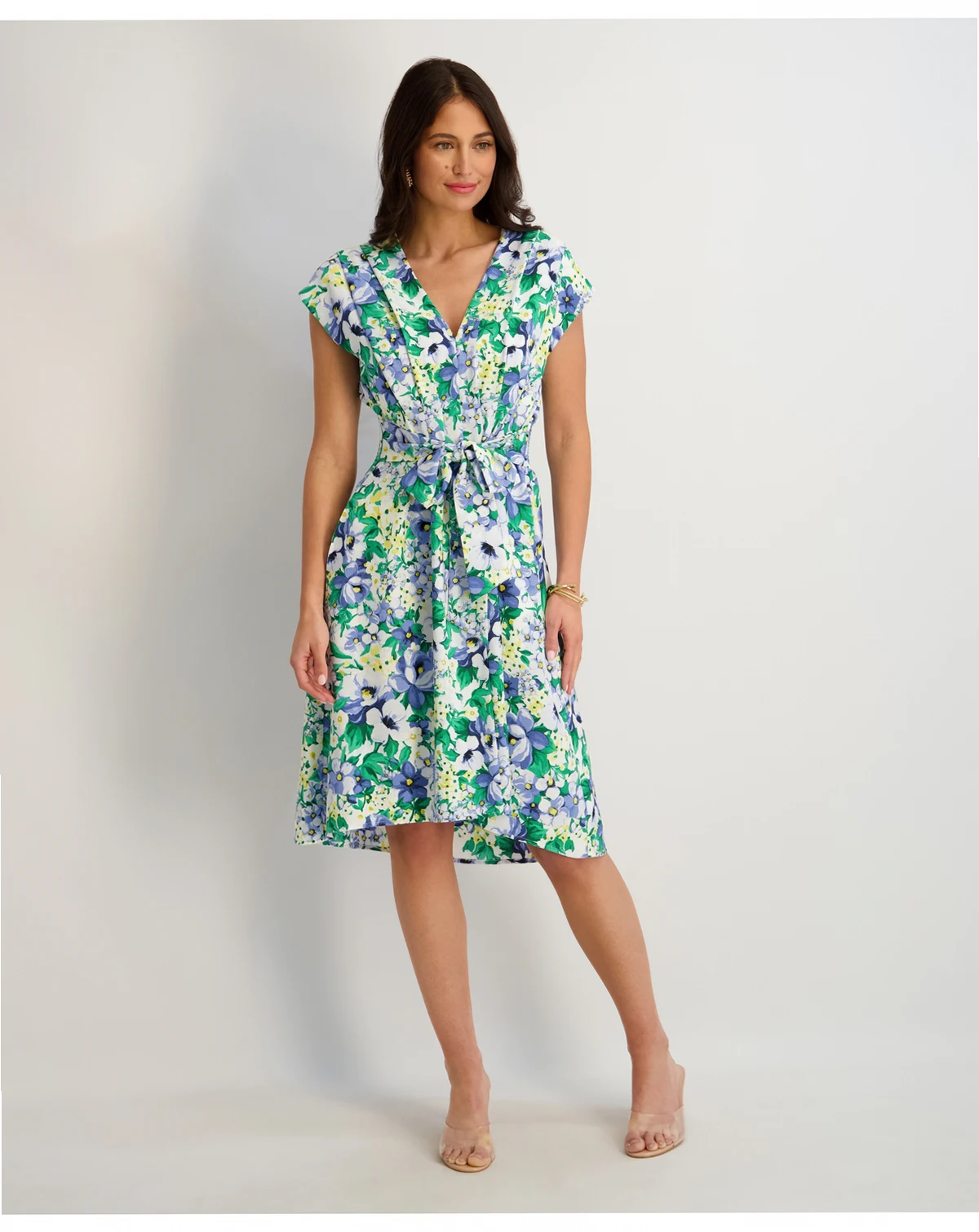 Women's Printed V-Neck Smocked-Back A-Line Dress
