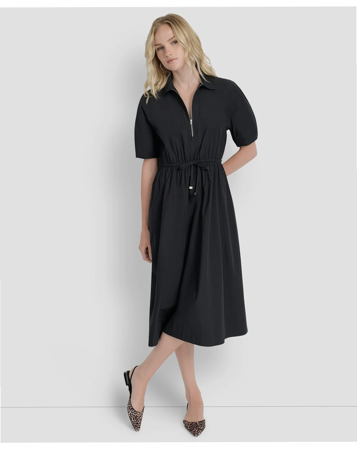 Women's Short-Sleeve Collar Zip Neck Midi Dress