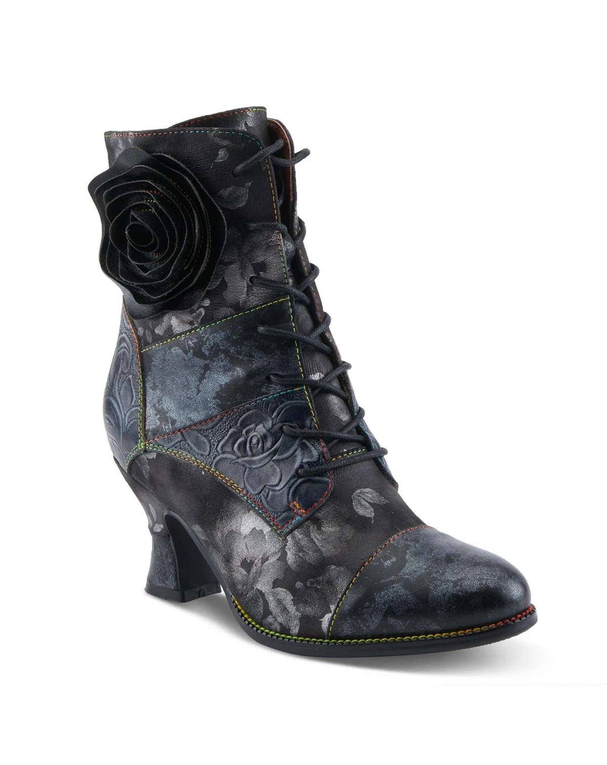 L’Artiste Women’s ROSELIA-STUNIN Lace-Up Booties with Handpainted Floral Details, Rainbow Stitching & Salsa Heel