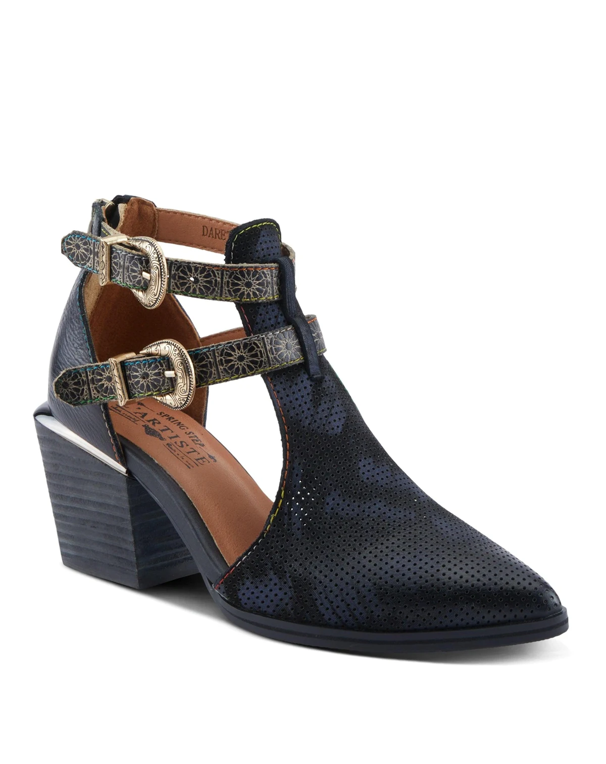 L Artiste Women s DARETOBE Leather Shooties with Pointed Toe, Laser Cutouts, Adjustable Straps & Back Zipper