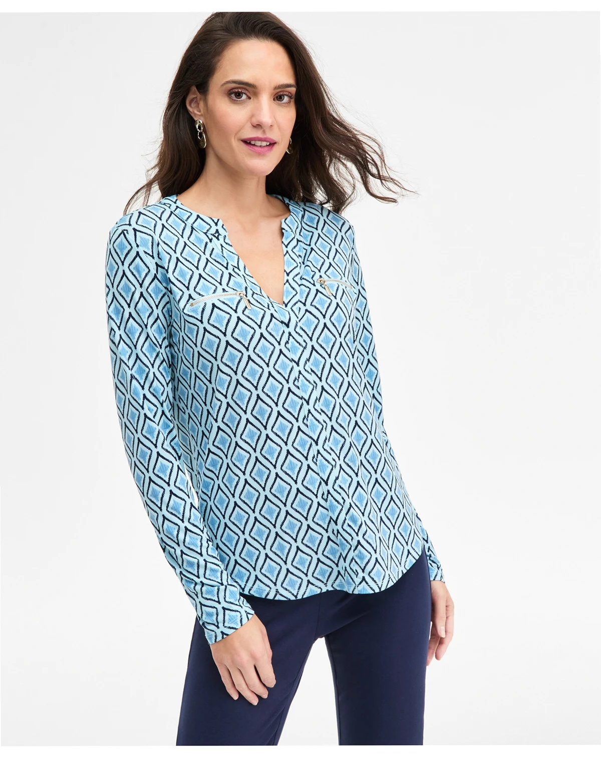 Petite Chloe Tile Long-Sleeve Zipper V-Neck Top, Macy's Exclusive
