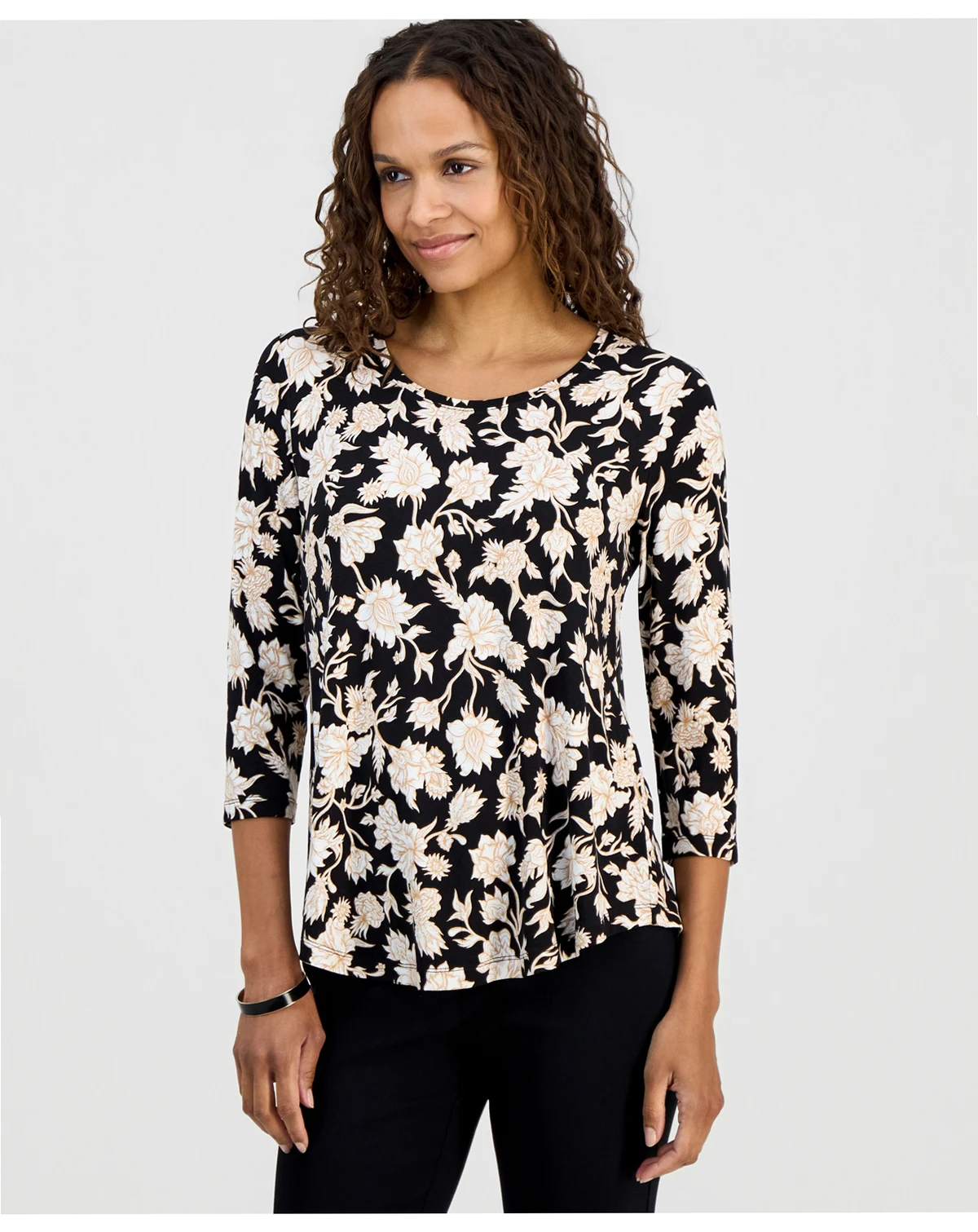 Petite Scoop-Neck Printed 3/4-Sleeve Top, Macy's Exclusive