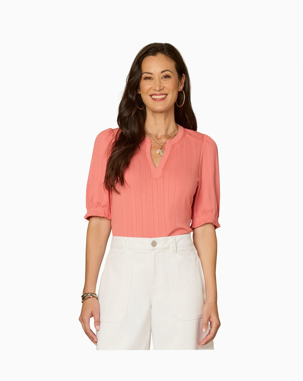 Petite Elbow Puff Sleeve Mandarin Collar Knit Top