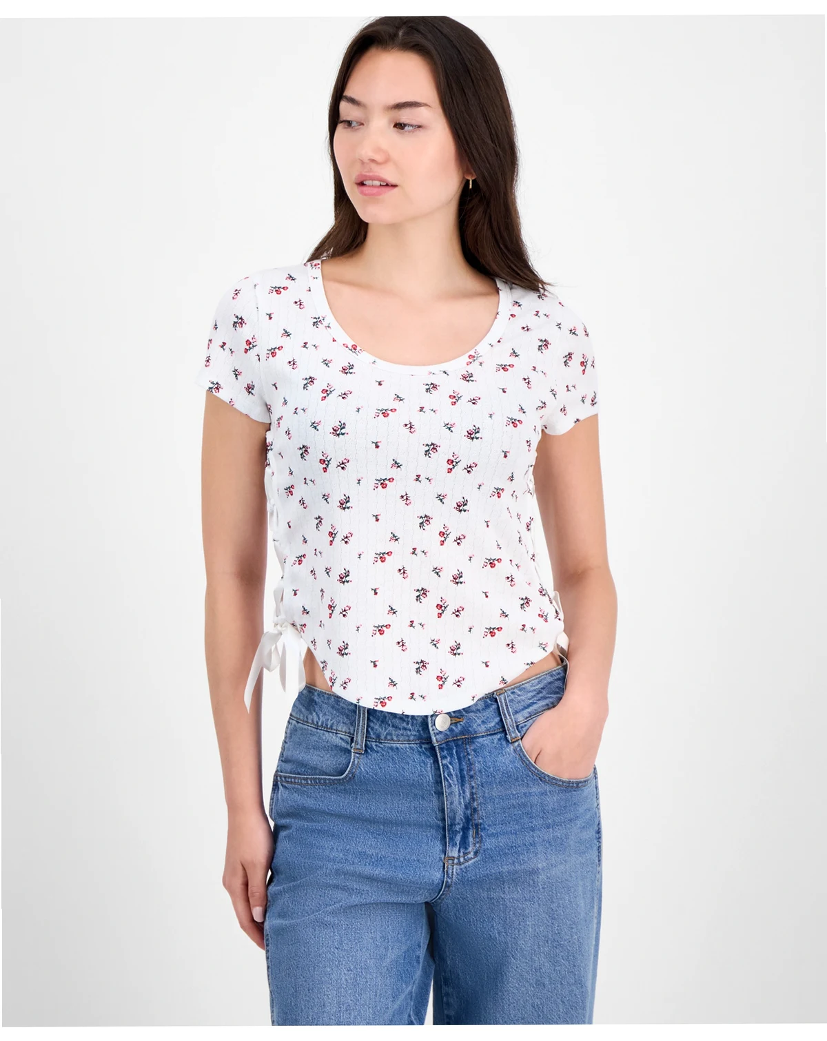 Juniors' Printed Ribbon-Side Short-Sleeve Tee