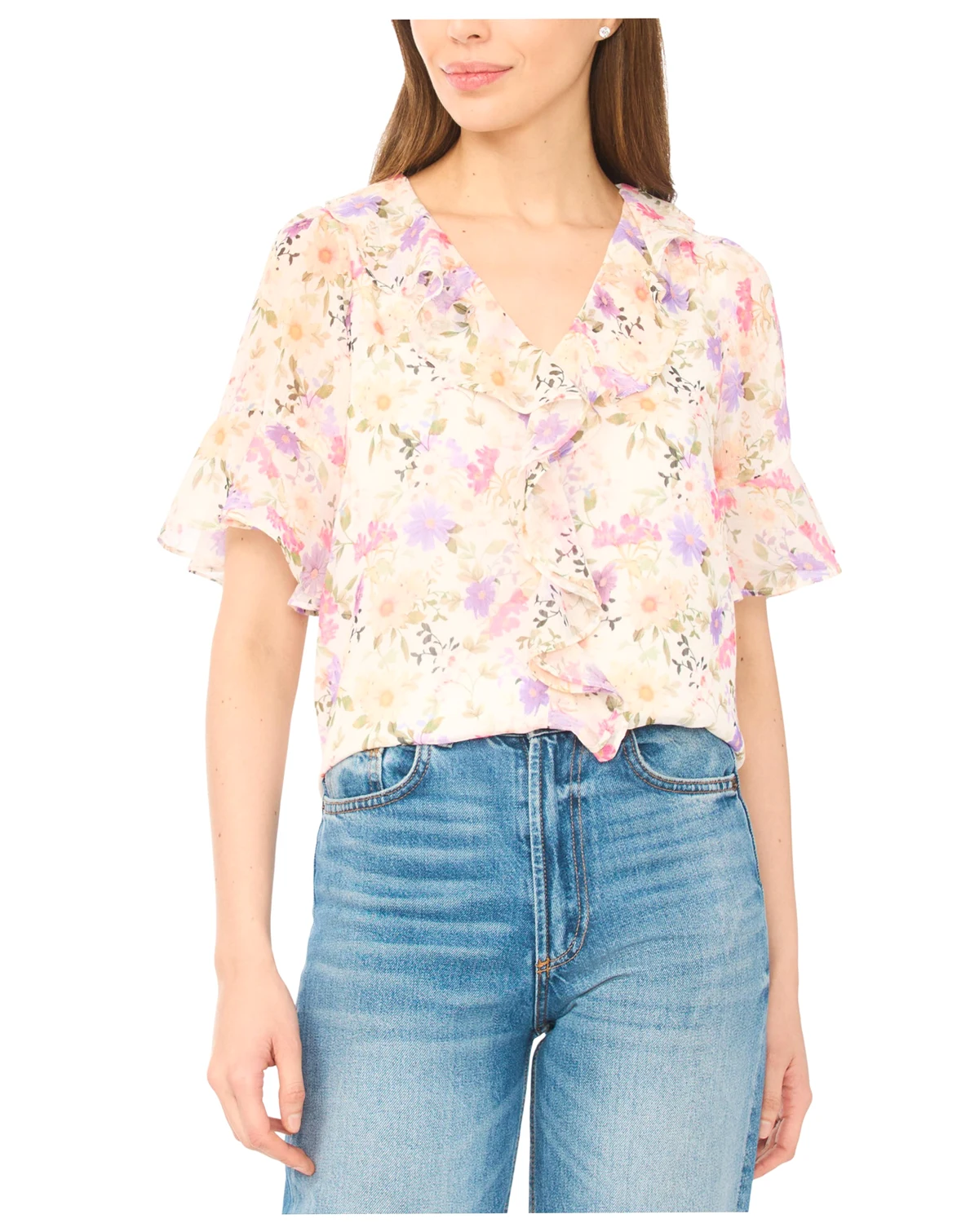 Women's Flutter-Sleeves Ruffle V-Neck Top