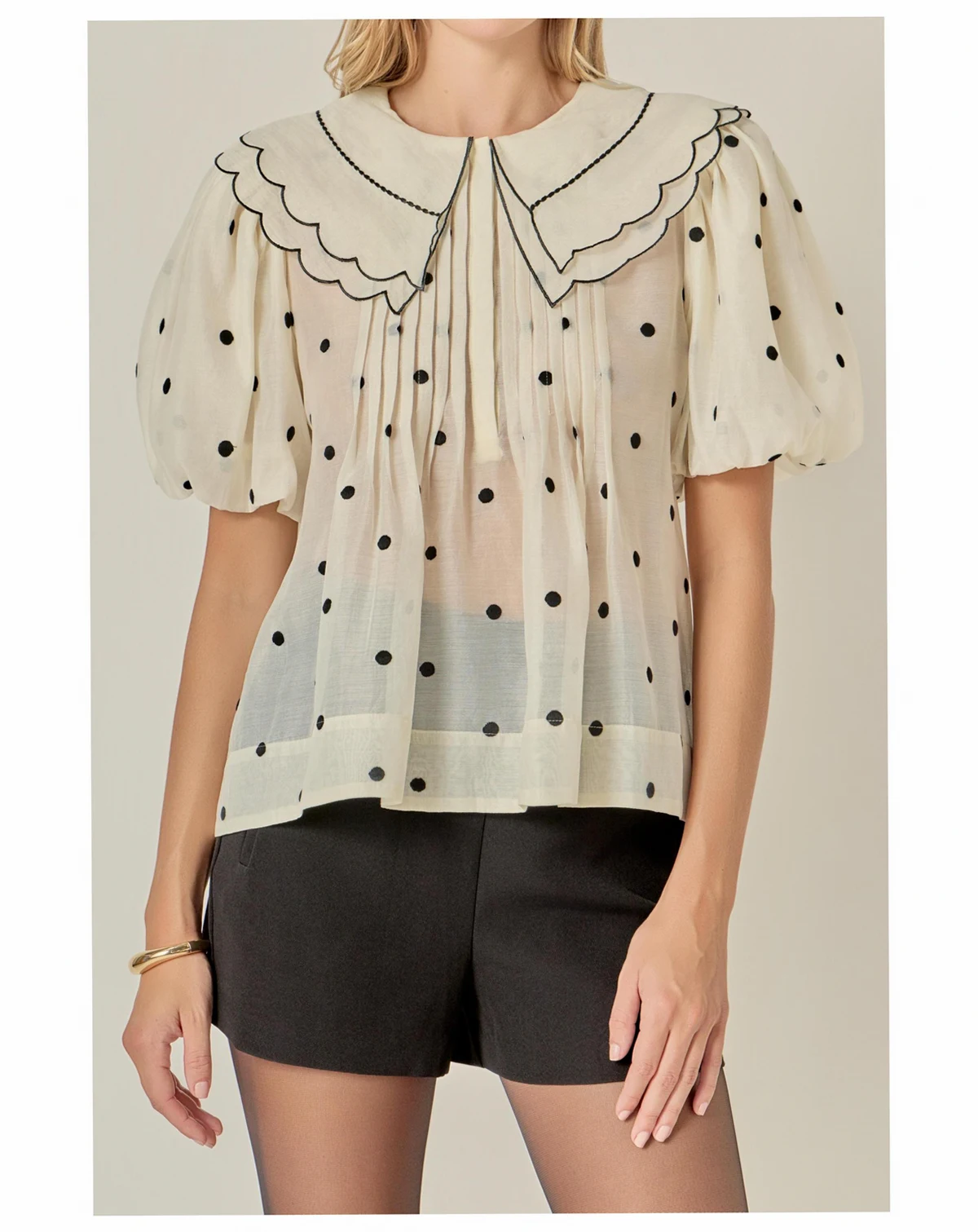 Women's Scalloped Collar Sheer Polka Dot Blouse