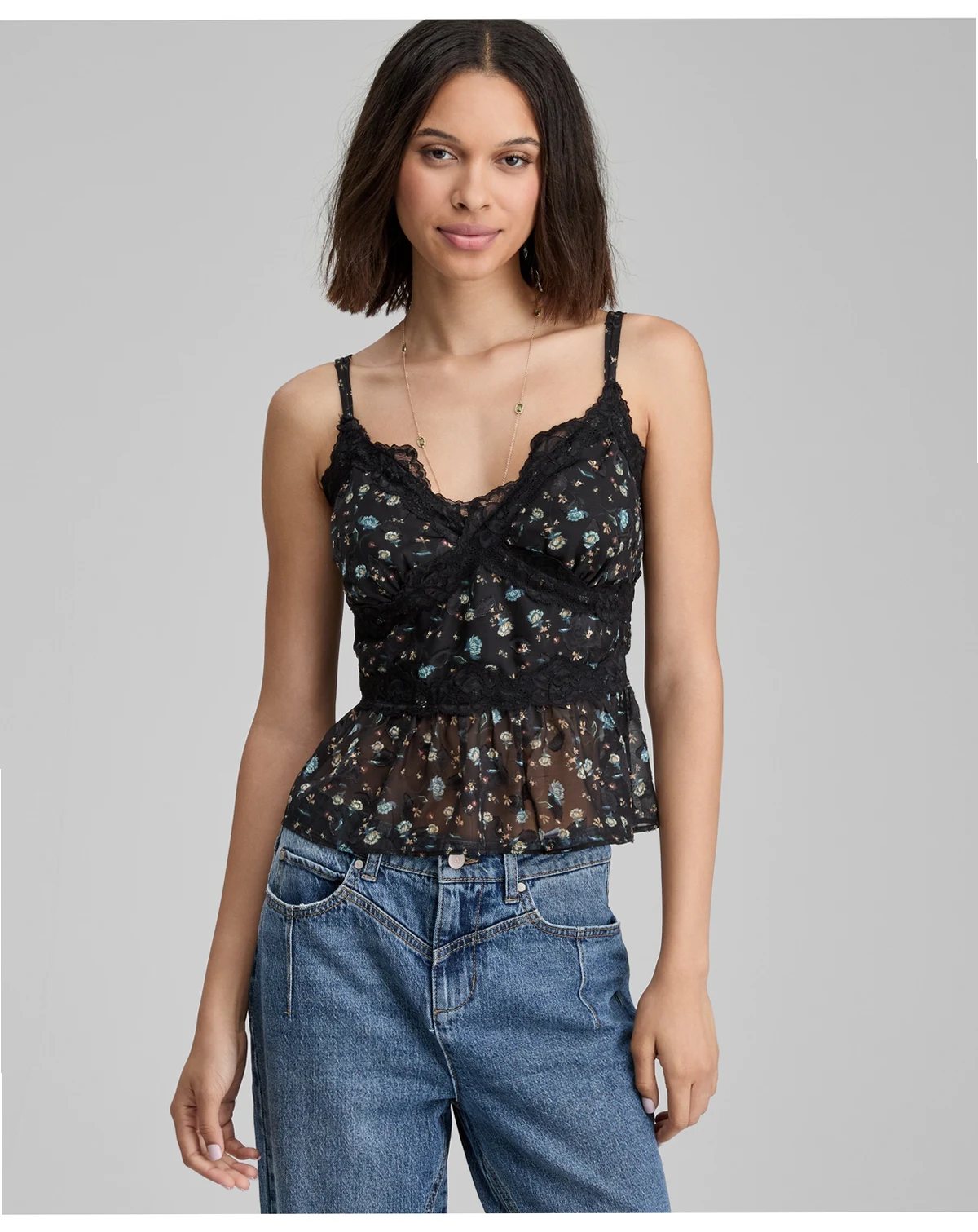 Petite Floral Lace-Trim V-Neck Tank, Macy's Exclusive