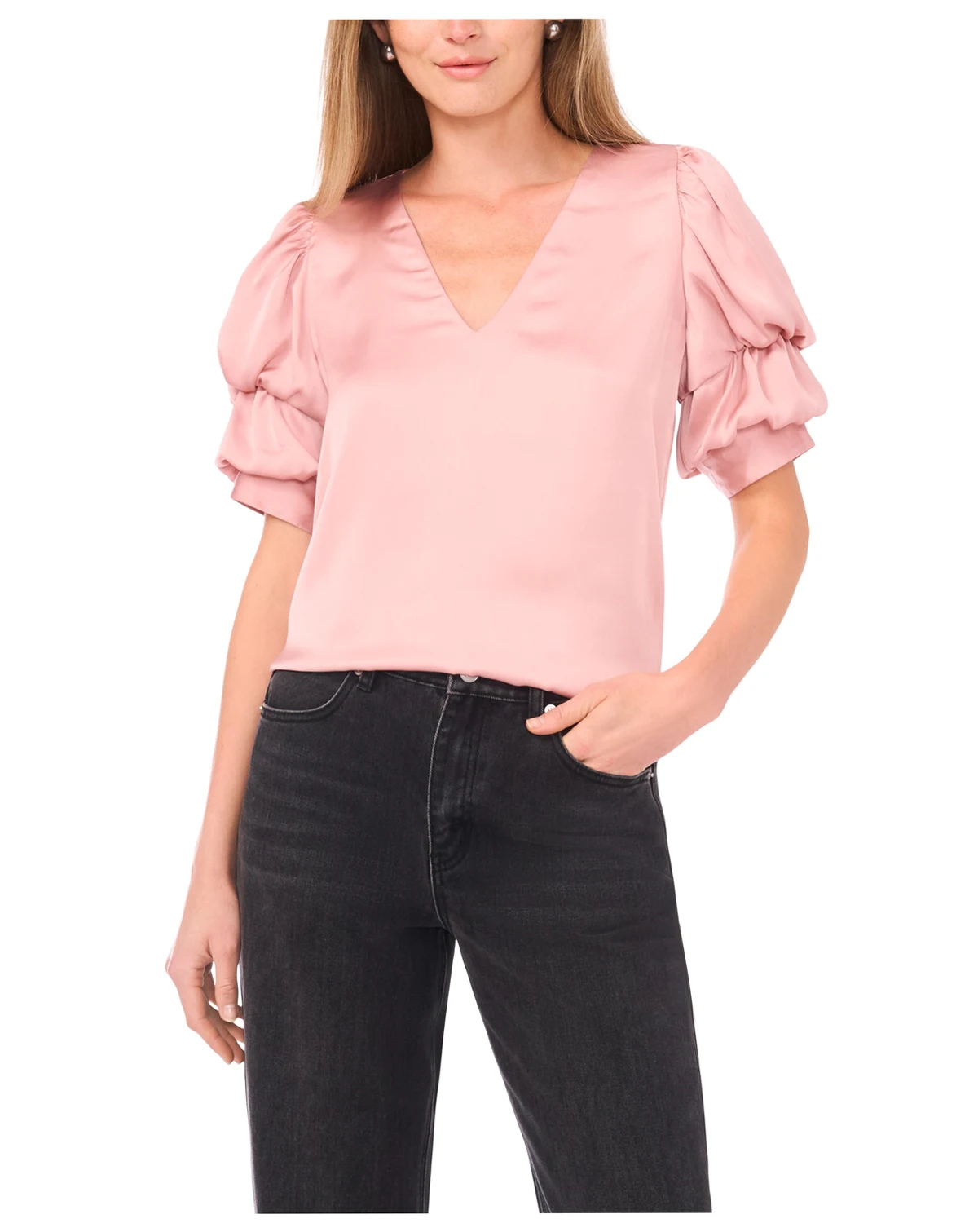 Women's V-Neck Tiered Bubble Puff Short-Sleeve Top