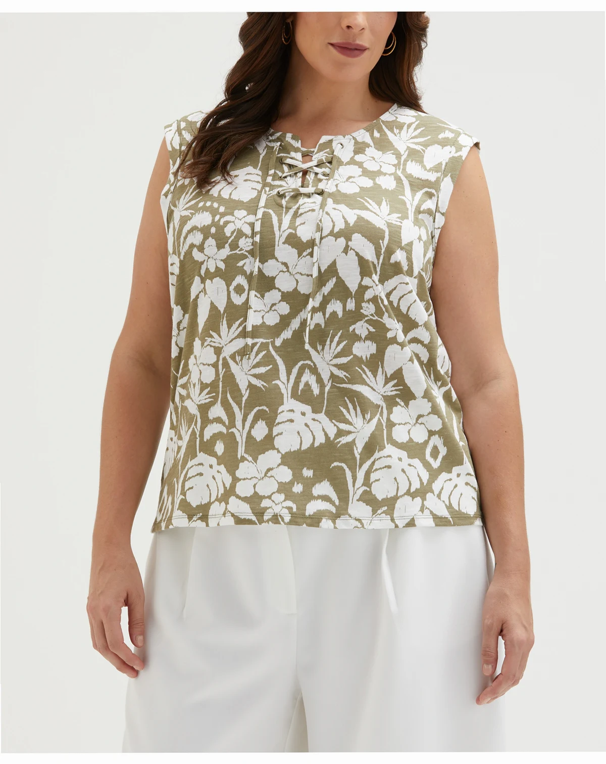 Plus Size Tropical Print Lace-Up Sleeveless Tank Top
