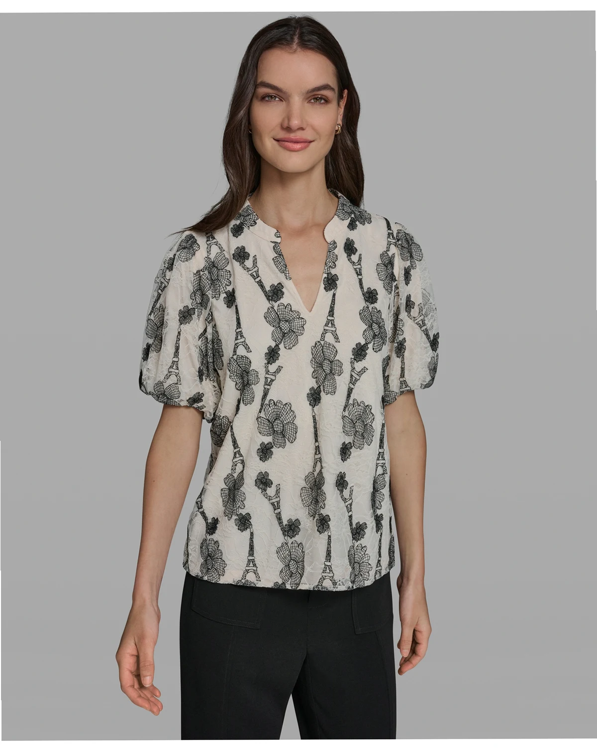 Women's Popover Paris Lace Short-Sleeve Top