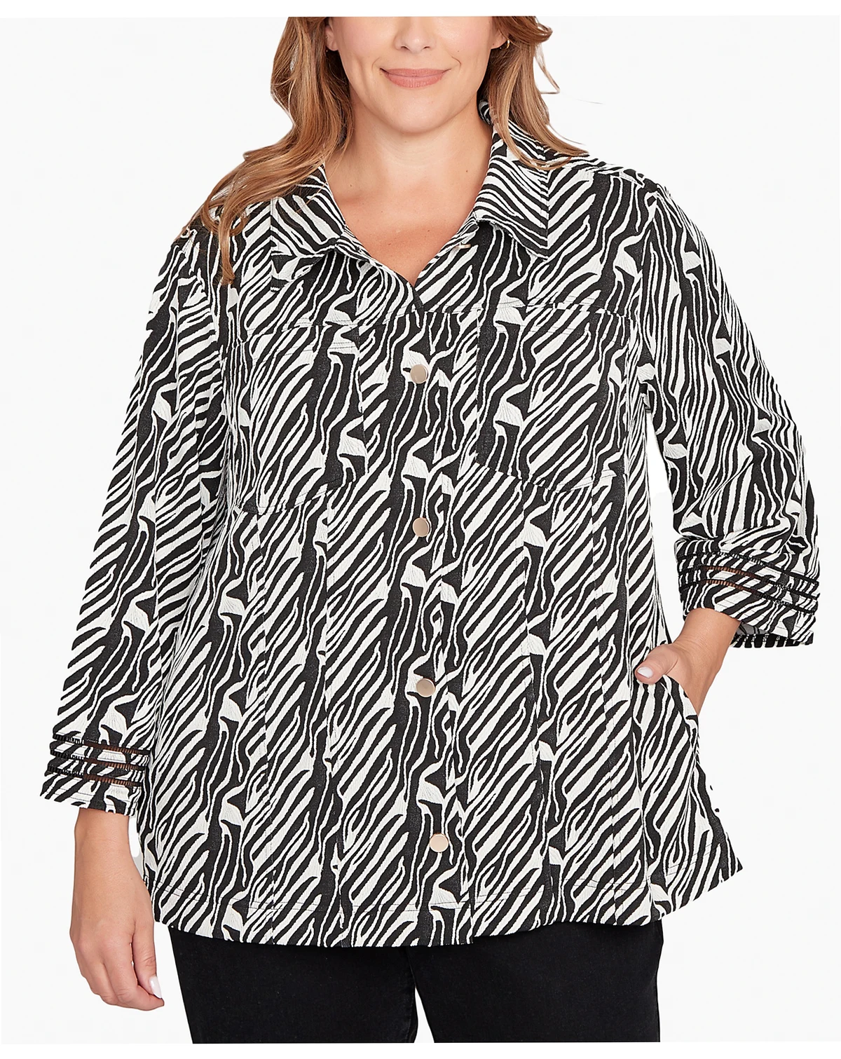 Plus Size Zebra Collared Knit Swing Jacket